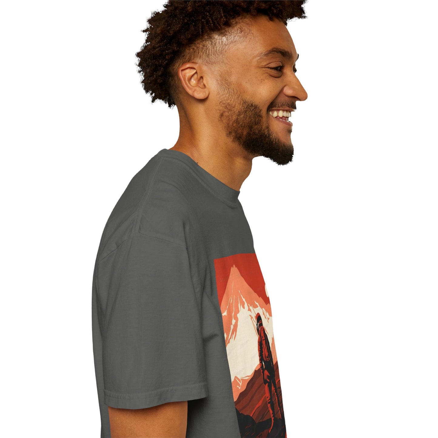 Man and woman casually dressed in the Man On Mars Graphic T-Shirt, illustrating its unisex appeal and versatility for everyday wear.