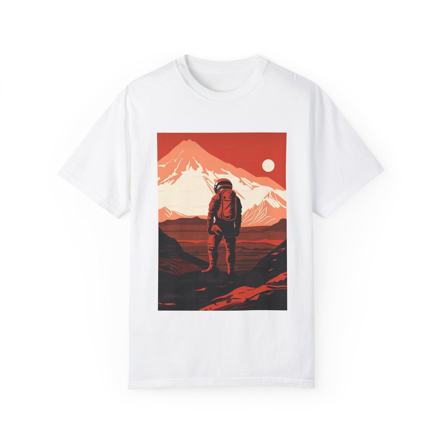 Man On Mars Graphic T-Shirt showcasing unique hand-drawn designs on a casual oversized unisex boho tee made from eco-friendly organic cotton.