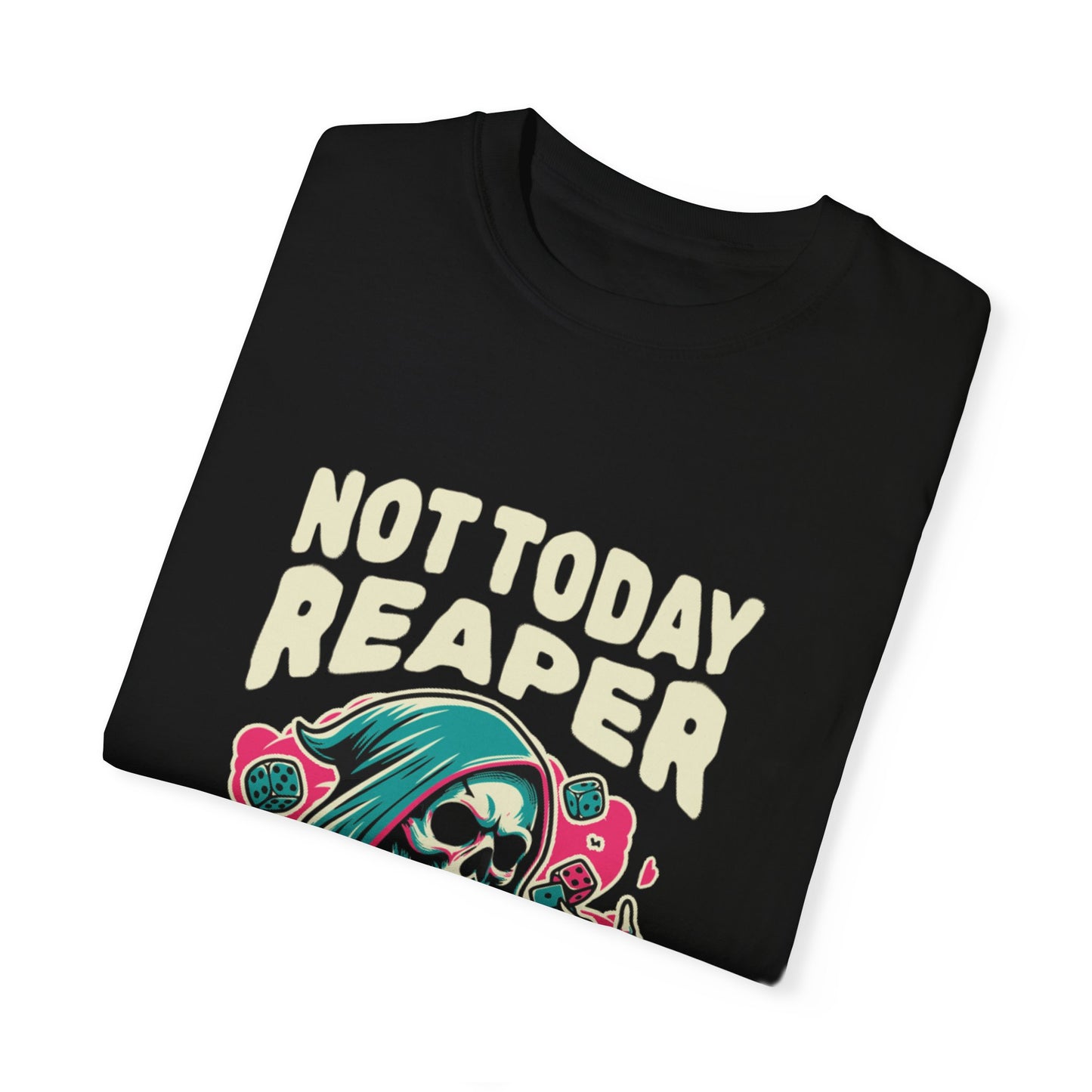 Close-up of the graphic design on the Not Today Reaper Oversized Boho T-Shirt, highlighting its unique artistic print on eco-friendly fabric.
