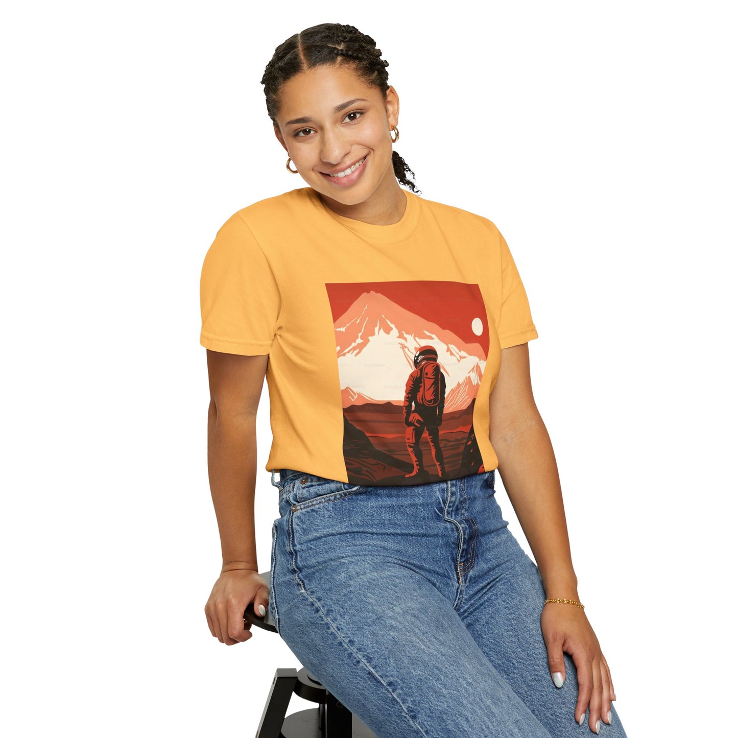 Man on Mars Graphic T-Shirt - Eco-Friendly Organic Cotton, Oversized Unisex Boho Tee displayed on a model with a natural background showing its relaxed fit and graphic design.