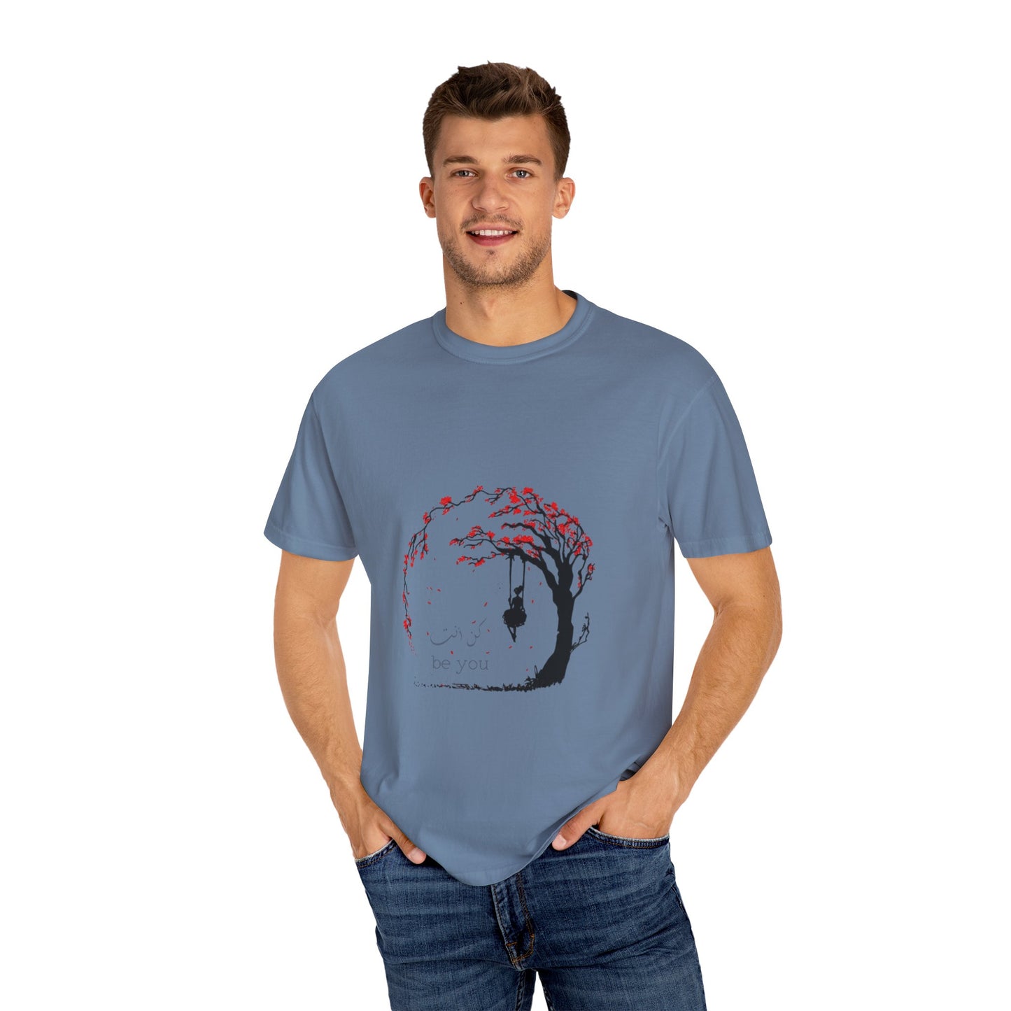Close-up of the Cherry Blossom Unisex T-Shirt demonstrating its soft texture and eco-friendly fabric made from organic cotton.