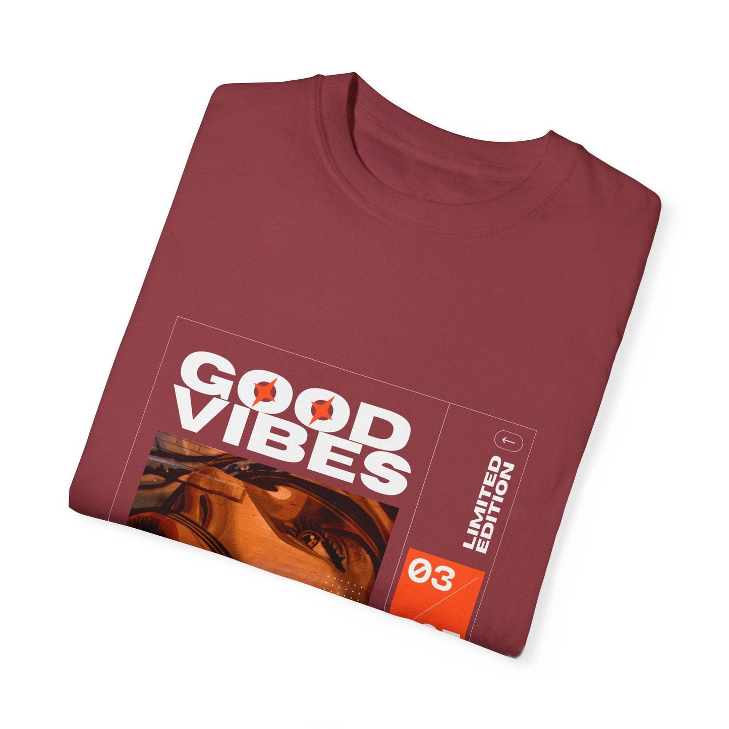 Close-up of the unique graphic print on the Good Vibes Graphic Design Pullover, highlighting vintage aesthetic and eco-friendly material.