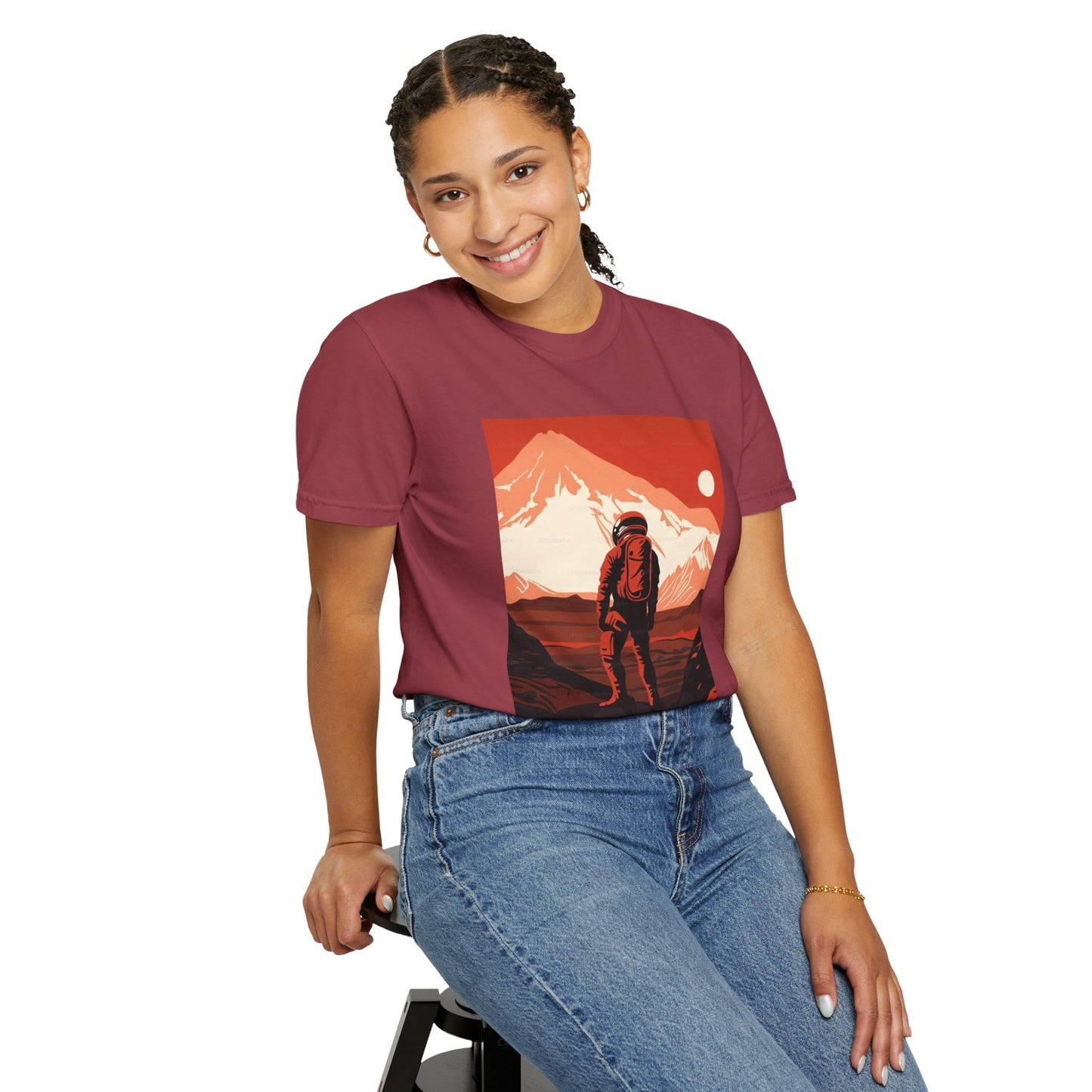 Eco-conscious lifestyle image of the Man On Mars Graphic T-Shirt, made from 100% organic cotton and printed with non-toxic dye.
