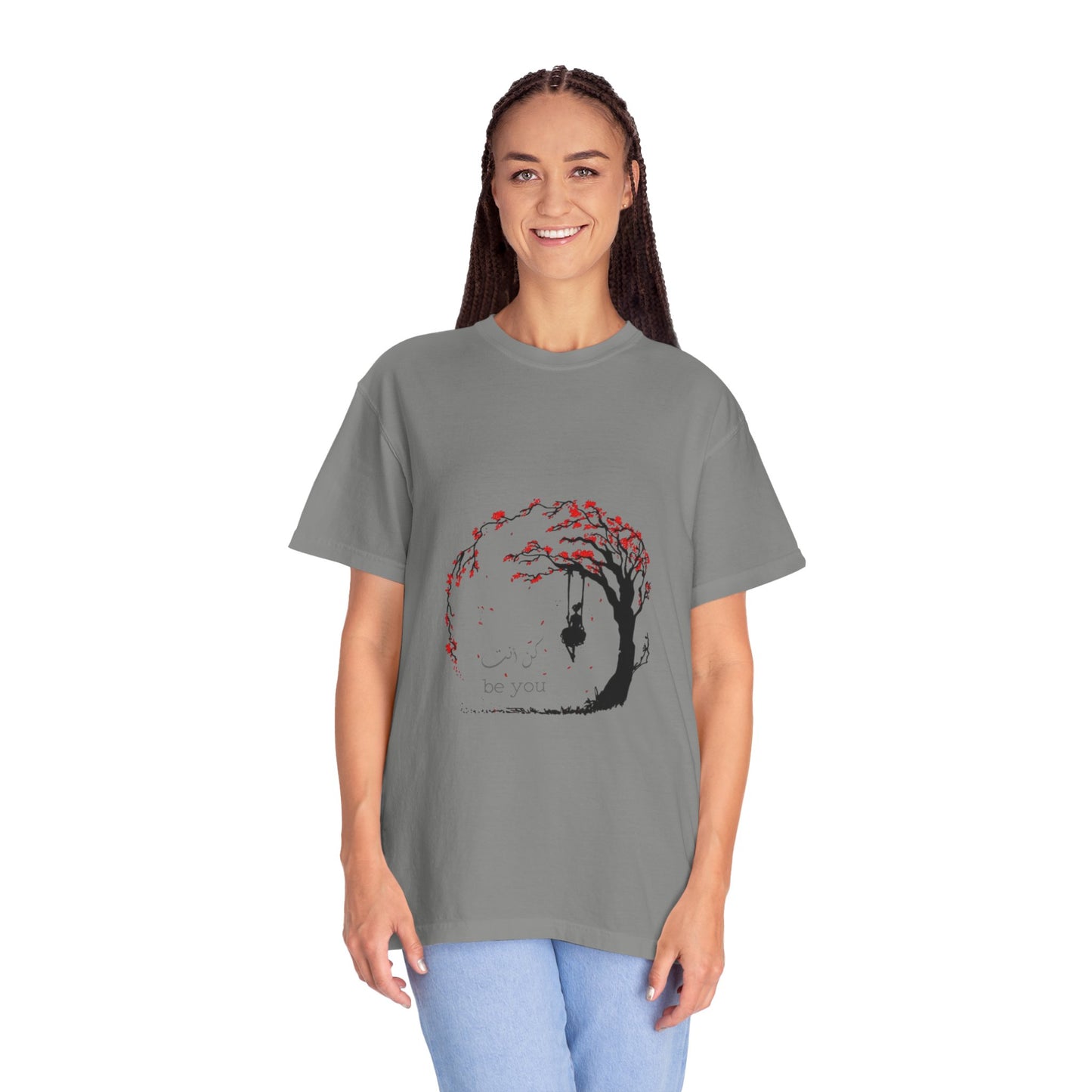 Cherry Blossom Unisex T-Shirt styled with high-waisted jeans, perfect for a chic, casual outfit.