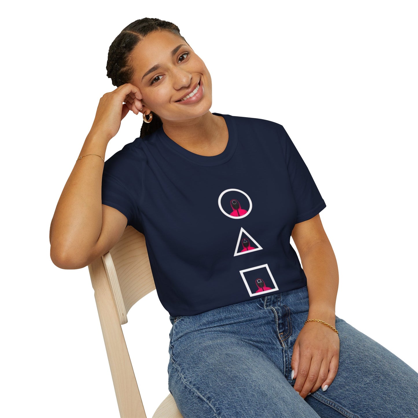 Unisex Softstyle T-Shirt - Eco-Friendly 100% Cotton Minimalist Graphic Tee displayed on a hanger, showcasing its vibrant graphic design for casual wear.