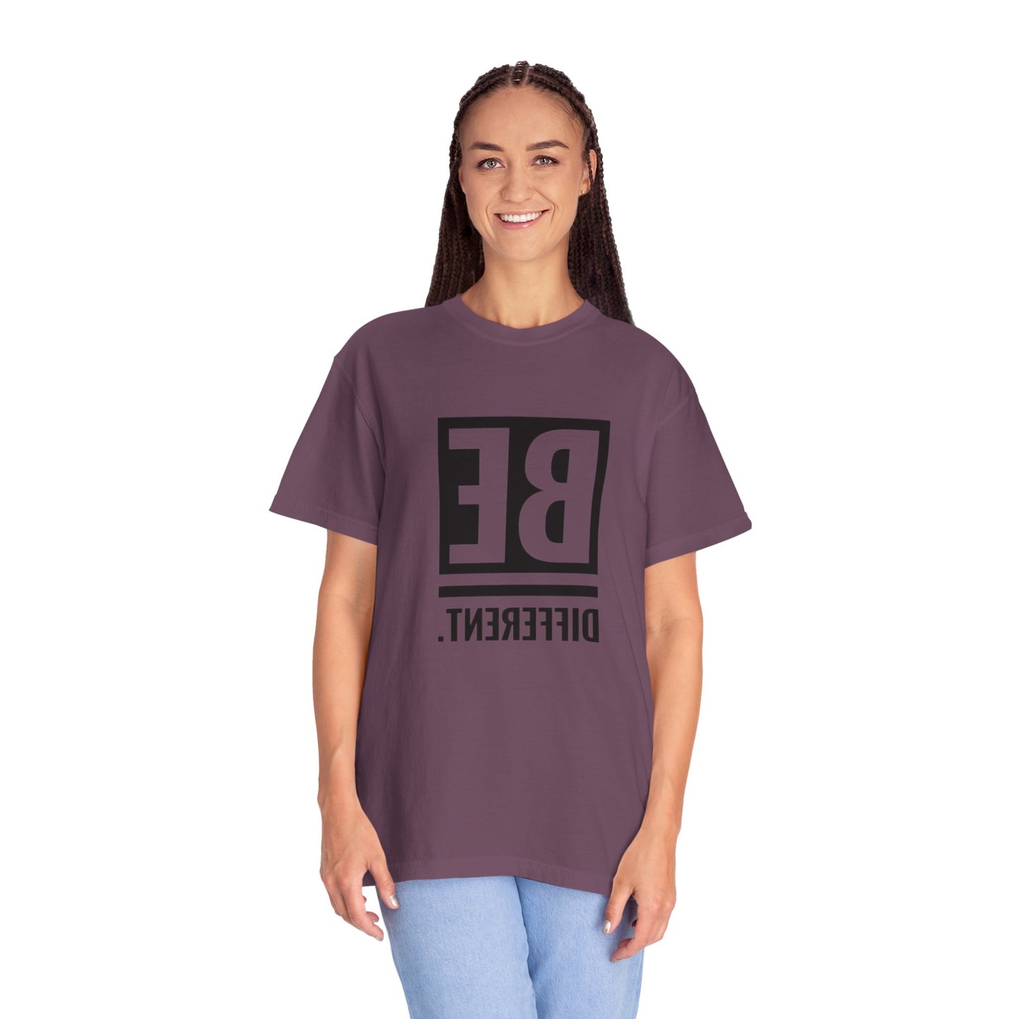 Model wearing Be Different Art Graphic Oversized Boho T-Shirt paired with high-waisted jeans for a trendy look.