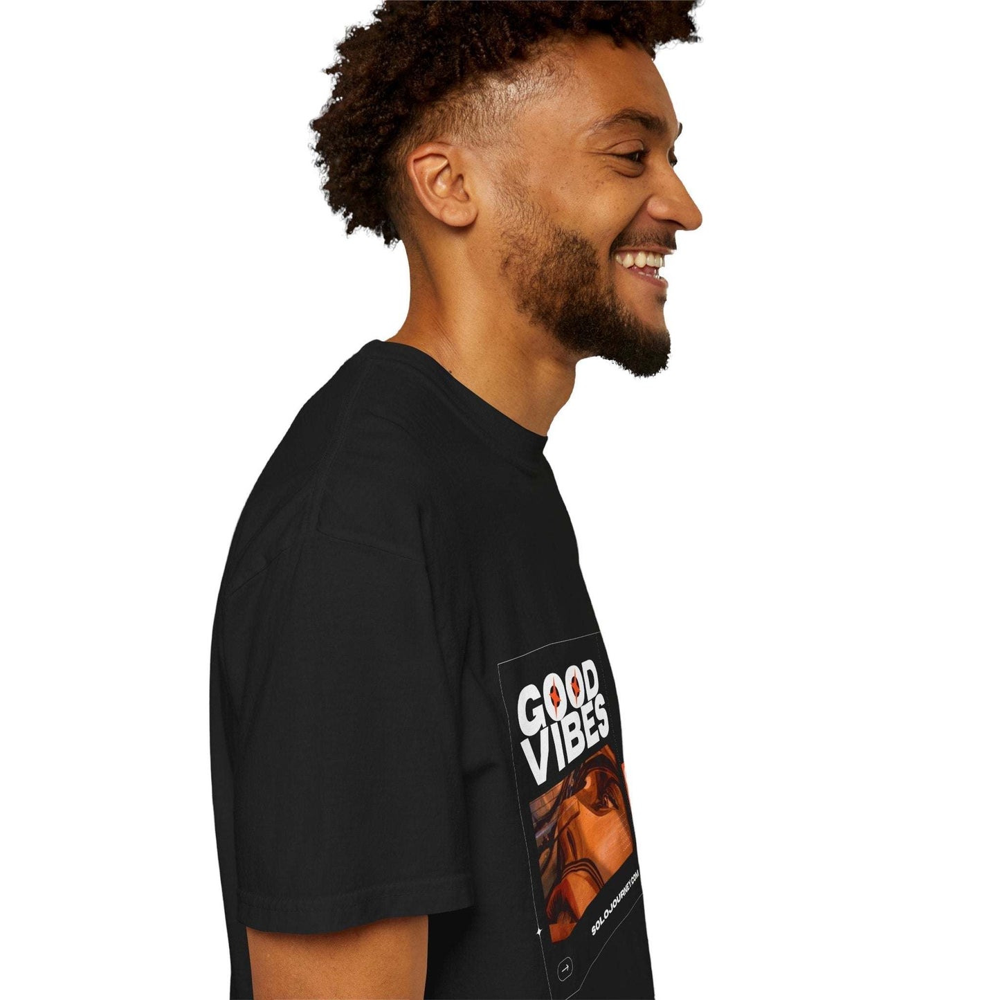 Good Vibes Graphic Design Pullover styled with denim shorts, illustrating its versatility for a summer casual outfit.