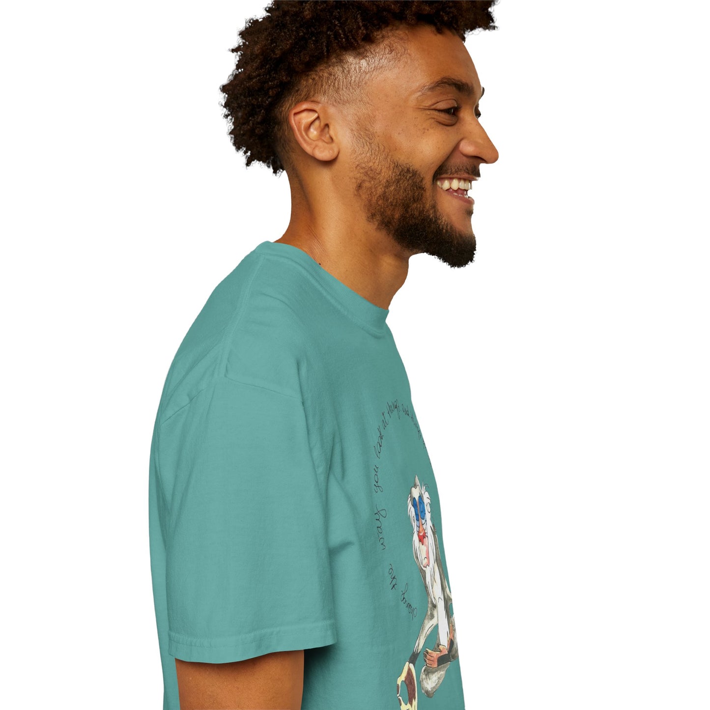 Detailed view of the graphic print on the Monkey Legend Graphic Art Oversized Boho Pullover Tee, showcasing its artistic design.