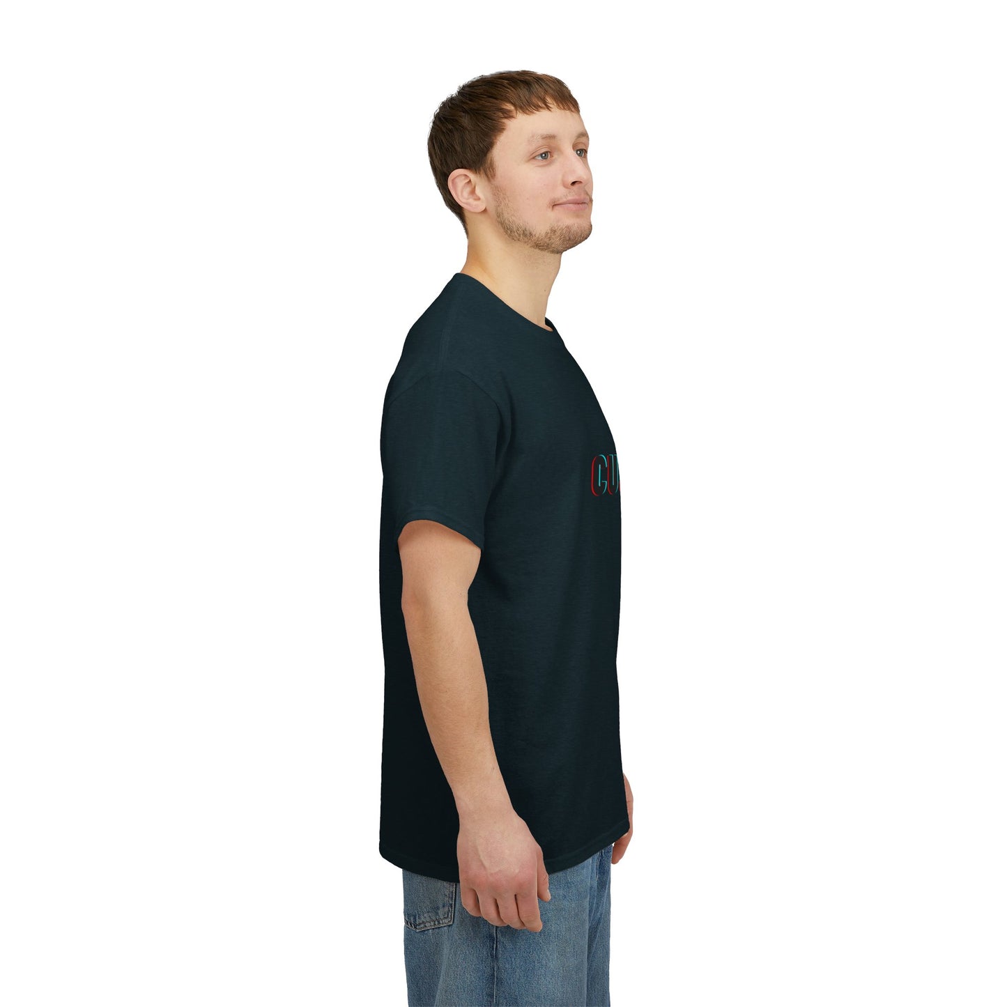 Personalized Unisex Heavy Cotton Tee - Eco-Friendly, Comfortable, Custom Graphic Wear laid flat showcasing its minimalist and artistic design.