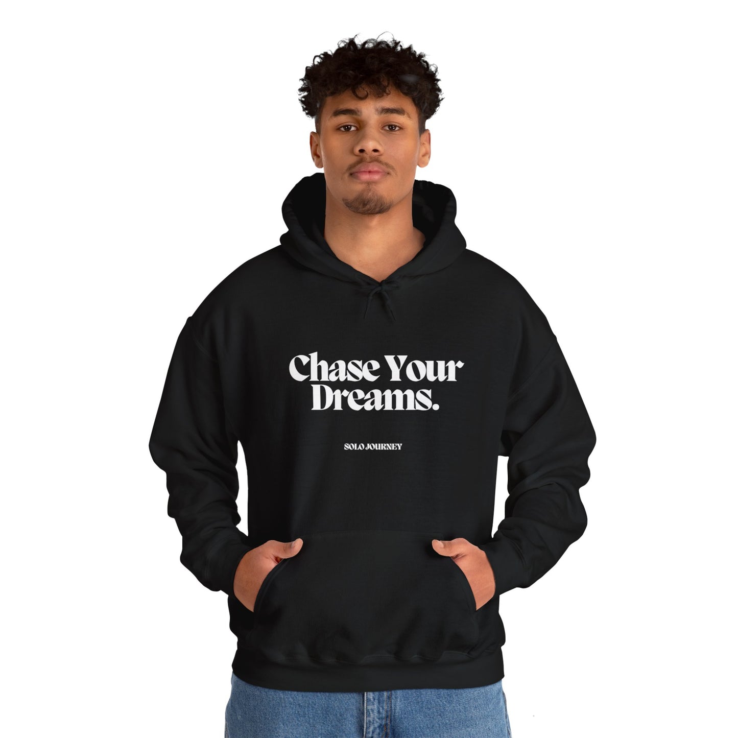 Group of friends in matching Chase Your Dreams Hoodies, promoting inspiration and unity through eco-friendly activewear.