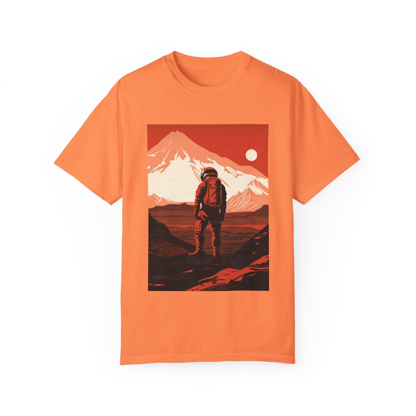 Lifestyle shot of the Man On Mars Graphic T-Shirt - Eco-Friendly Organic Cotton worn by a model outdoors, highlighting its oversized unisex fit and boho style.