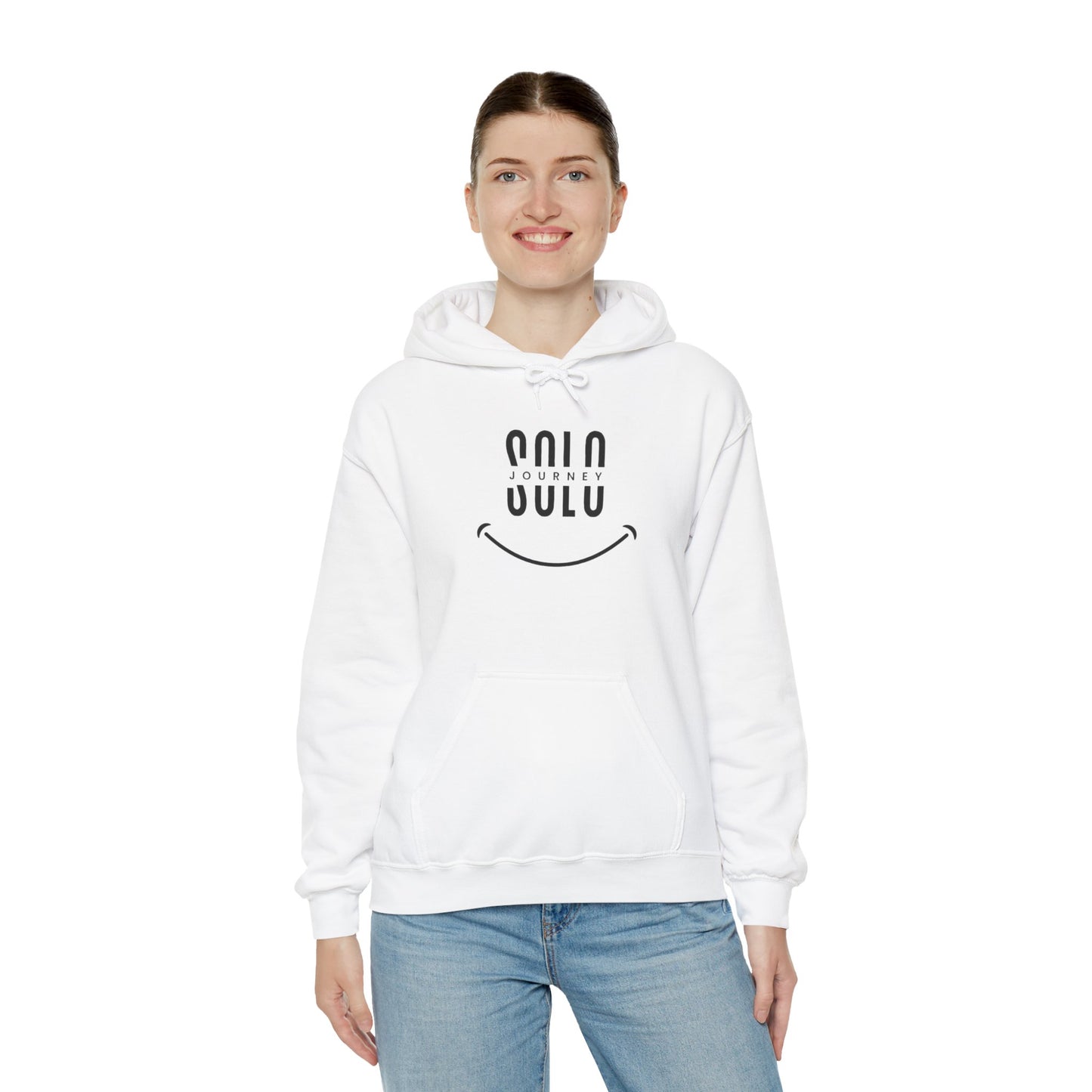Model wearing the Solo Journey Oversized Boho Hoodie - Vintage Aesthetic Pullover in Organic Cotton, styled with jeans and sneakers.