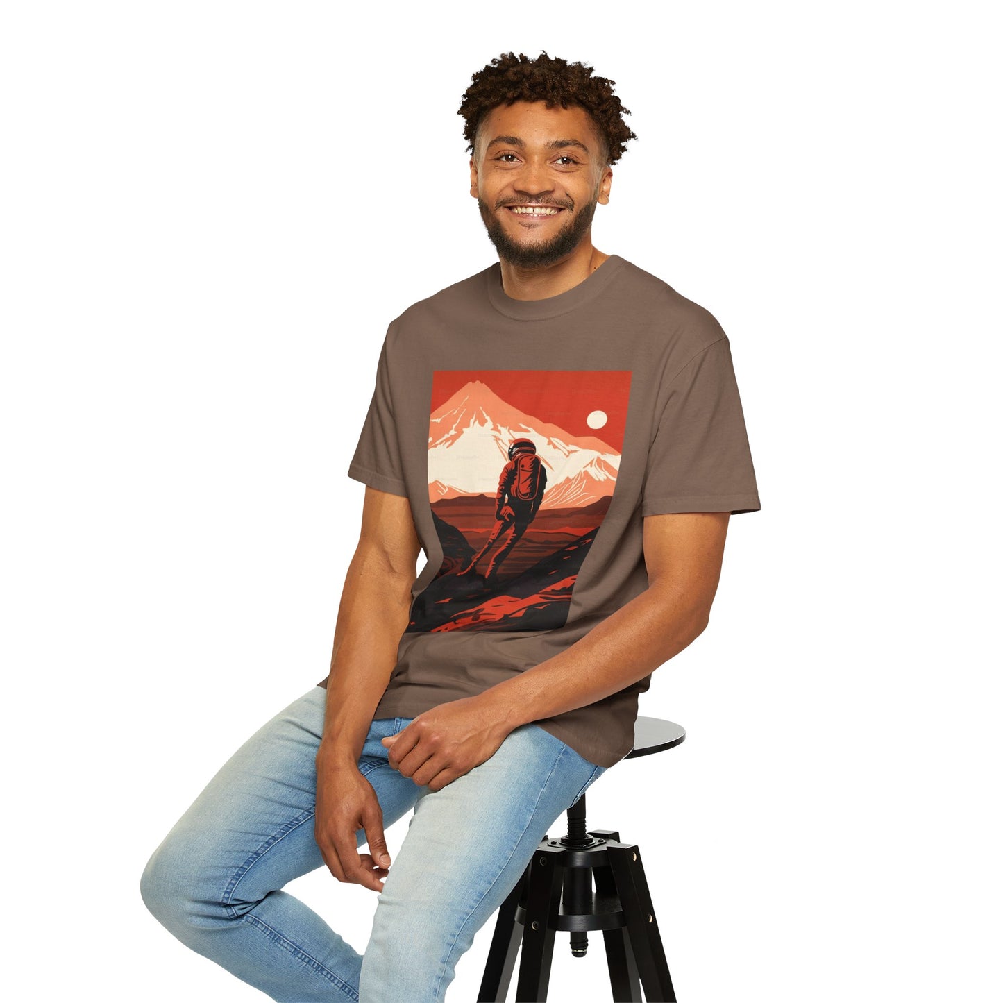 Man On Mars Graphic T-Shirt - Eco-Friendly Organic Cotton, Oversized Unisex Boho Tee with unique hand-drawn graphic design.