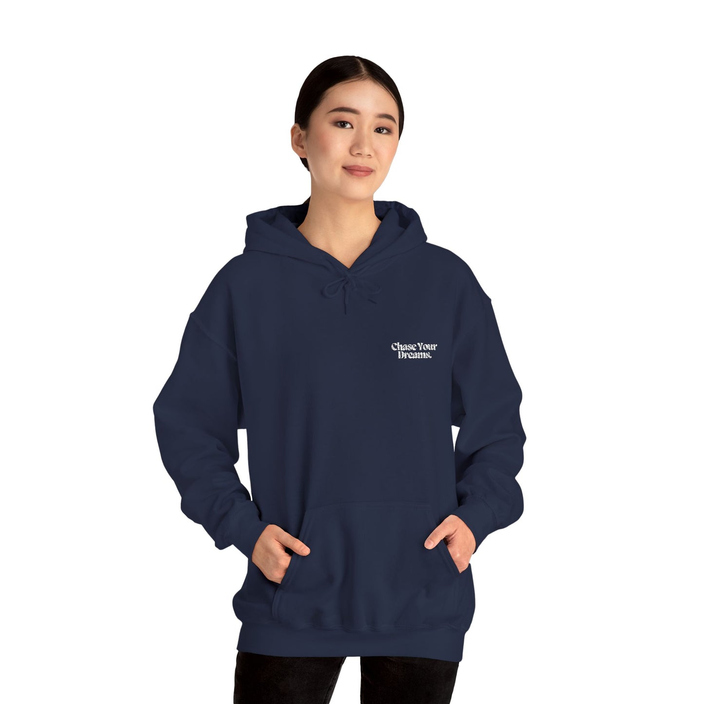 Stylish wearing of the Chase Your Dreams Vintage Aesthetic Oversized Hoodie, showcasing its unique hand-drawn print and oversized fit.