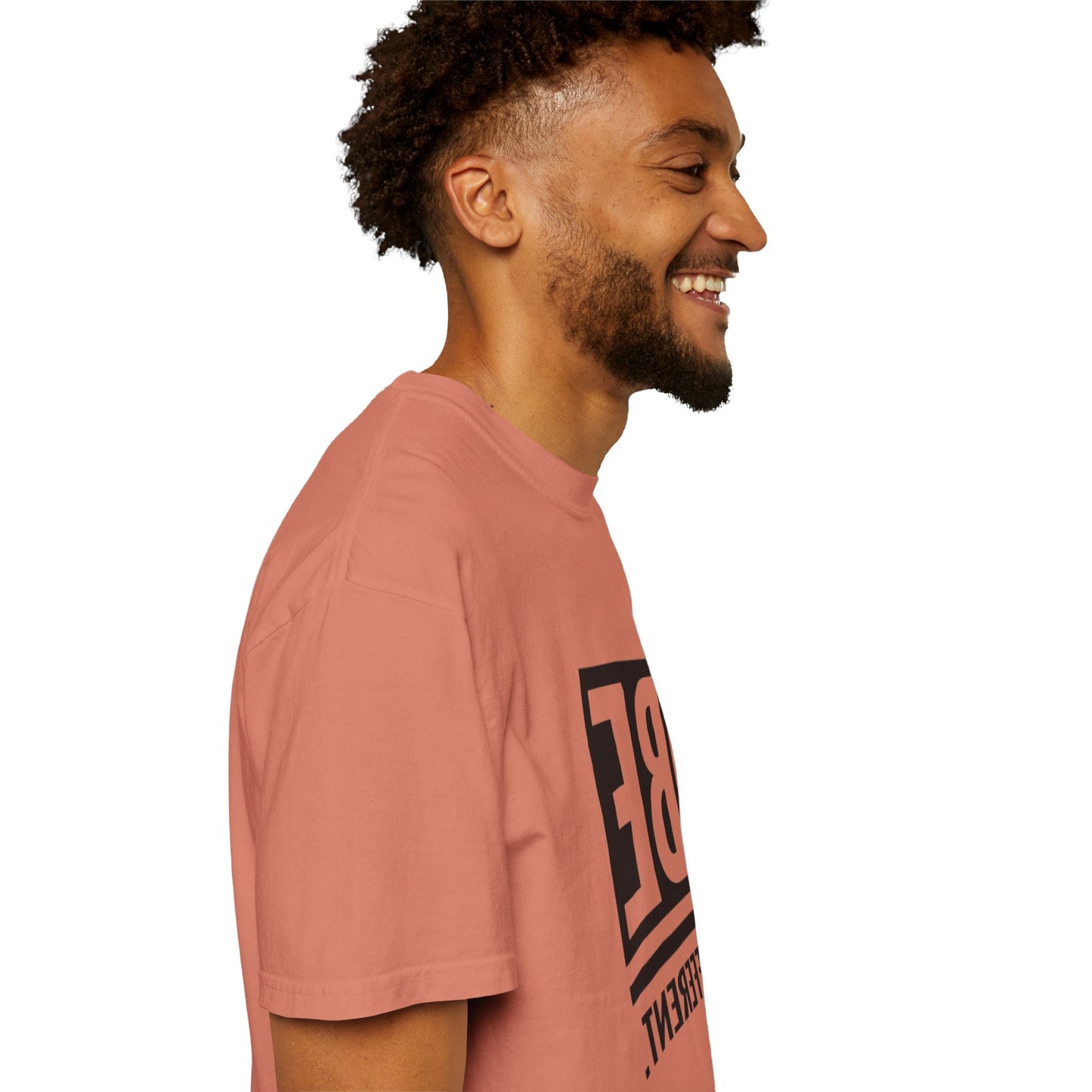 Model wearing the Be Different Art Graphic Oversized Boho T-Shirt with a playful graphic design, representing sustainable fashion.