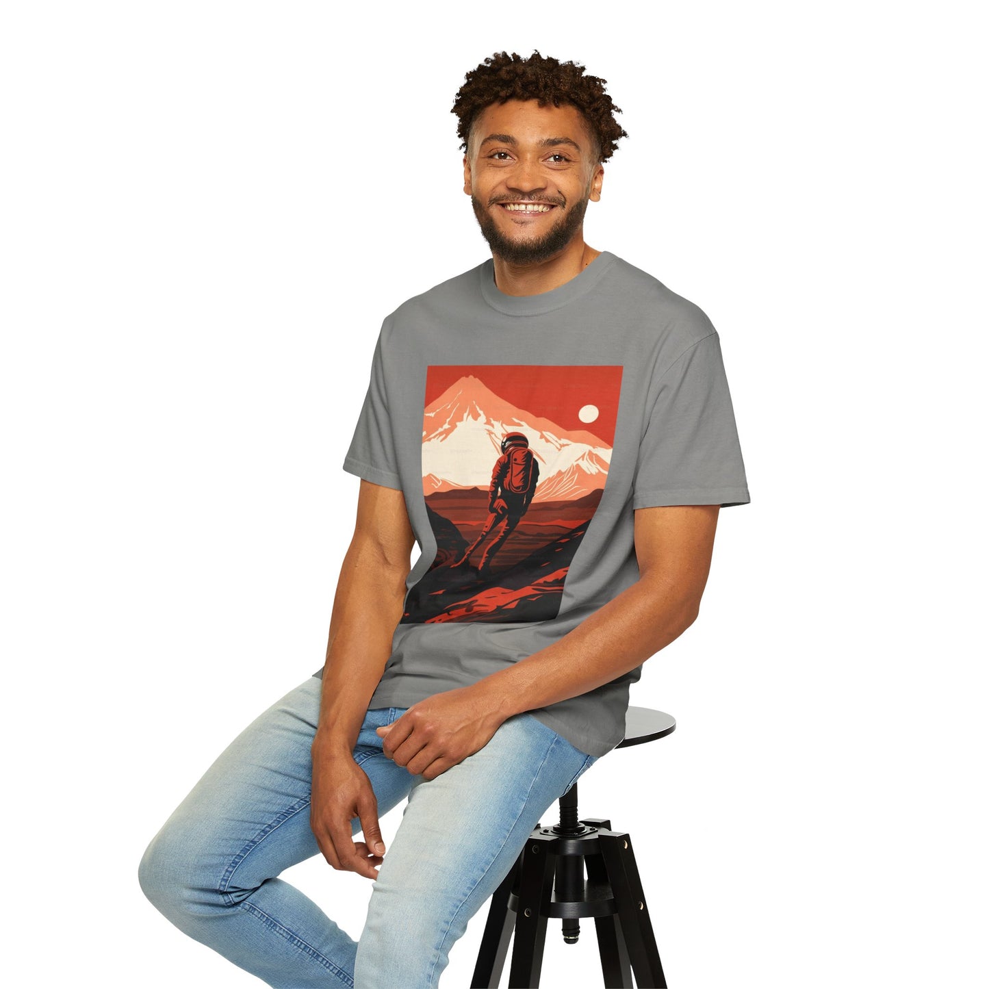 Model wearing the Man On Mars Graphic T-Shirt in a casual setting, highlighting its unisex oversized fit and comfort.