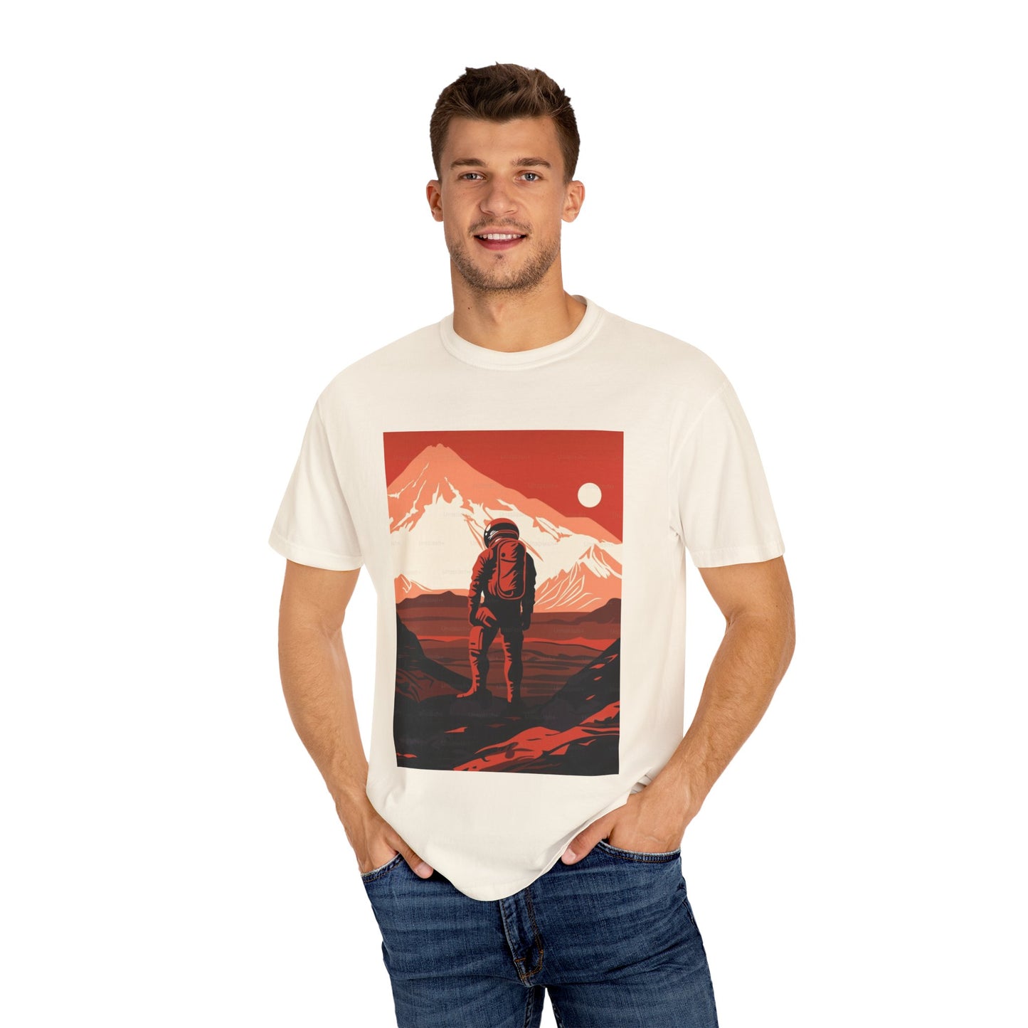 The back view of the Man On Mars Graphic T-Shirt - Eco-Friendly Organic Cotton, features a comfortable unisex style for any wardrobe.