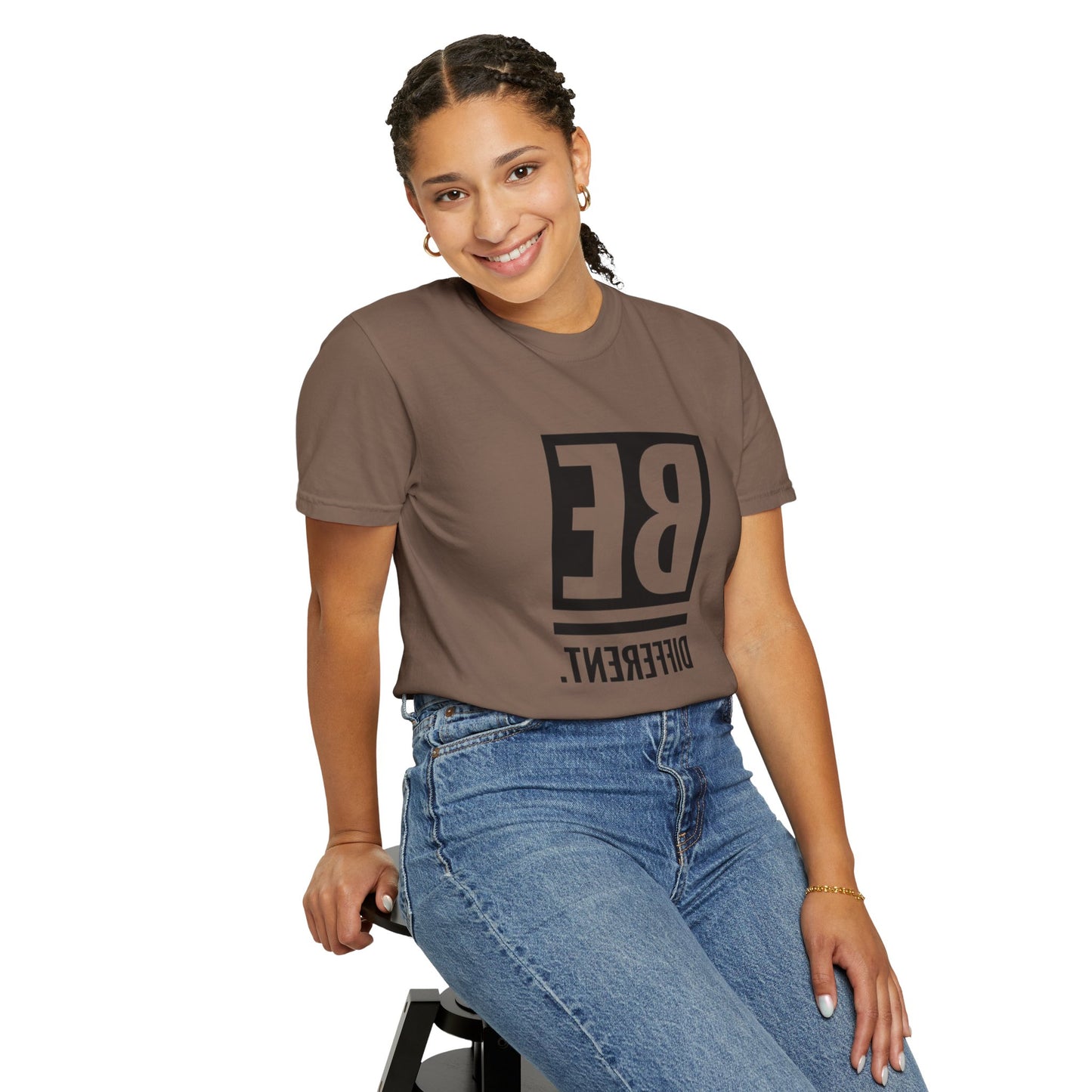 Close-up of Be Different Art Graphic Oversized Boho T-Shirt displaying the vibrant artistic graphic that embodies individuality.