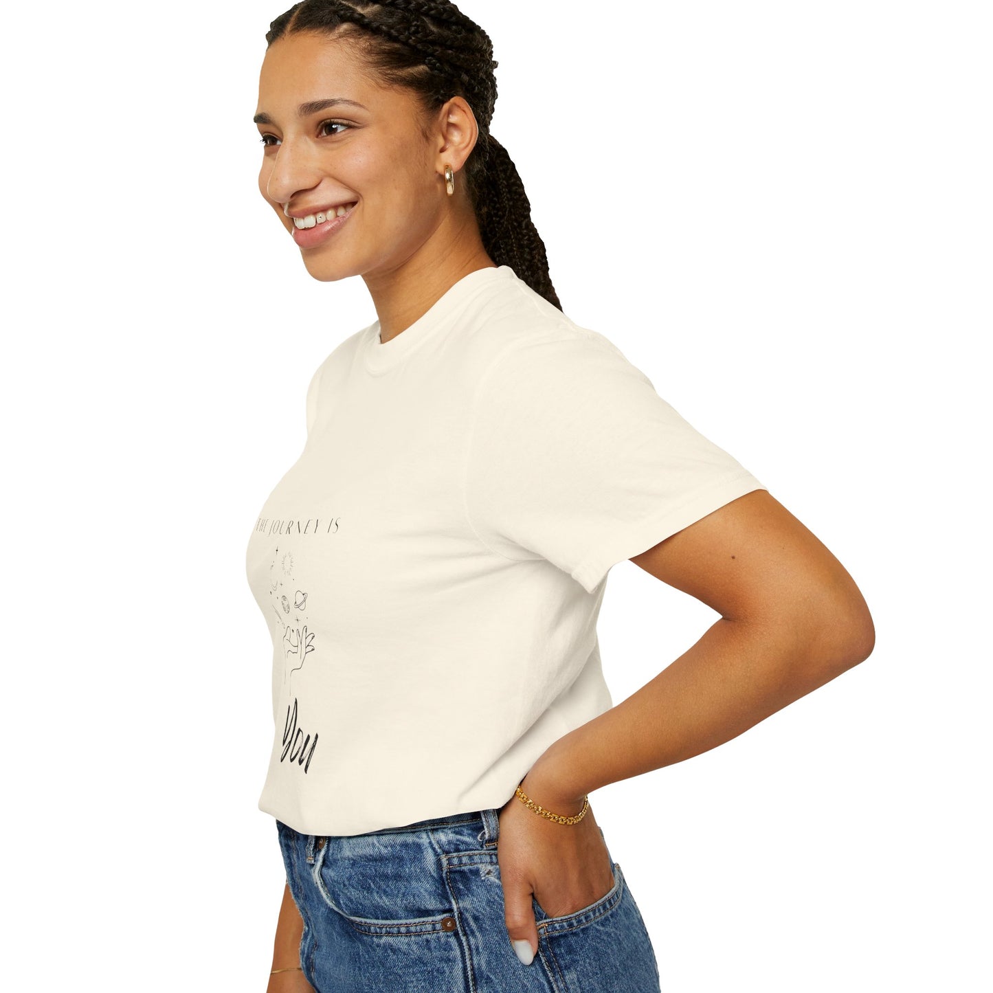 Model wearing the Vintage Aesthetic Oversized Boho T-Shirt Pullover styled with high-waisted jeans for a chic look, emphasizing sustainable fashion.