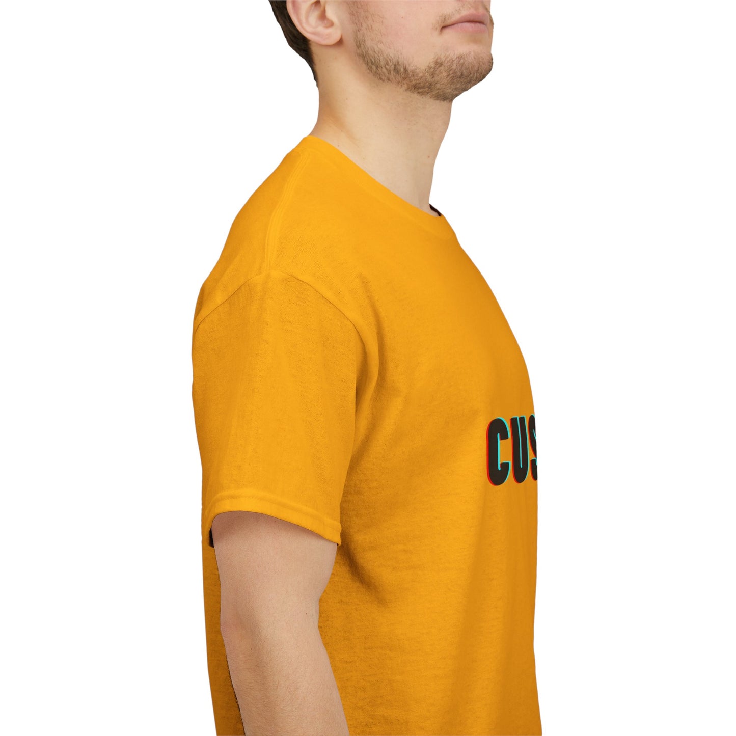 Woman relaxing at home in a Personalized Unisex Heavy Cotton Tee, ideal for comfortable work-from-home attire and self-expression