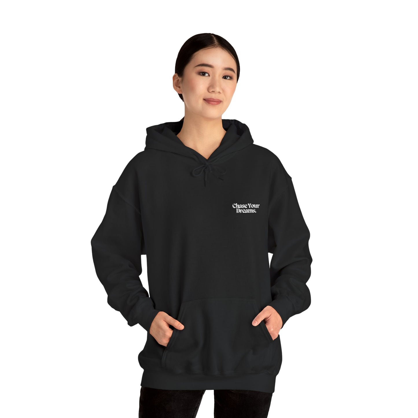 Chase Your Dreams Vintage Aesthetic Oversized Hoodie in eco-friendly organic cotton, featuring a unique hand-drawn print for a stylish and sustainable look.