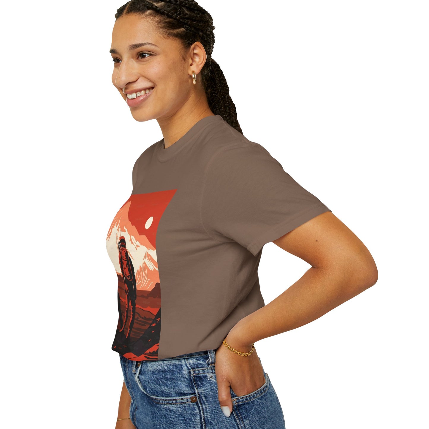 Model wearing the oversized unisex Man On Mars Graphic T-Shirt in a casual setting, perfect for eco-conscious fashion lovers.