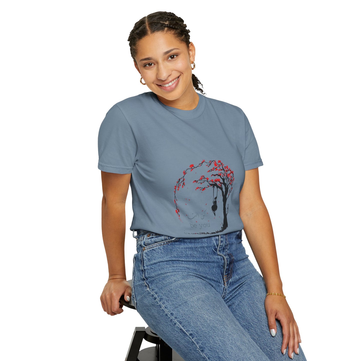 Cherry Blossom Unisex T-Shirt styled with high-waisted jeans, perfect for a trendy and laid-back look.