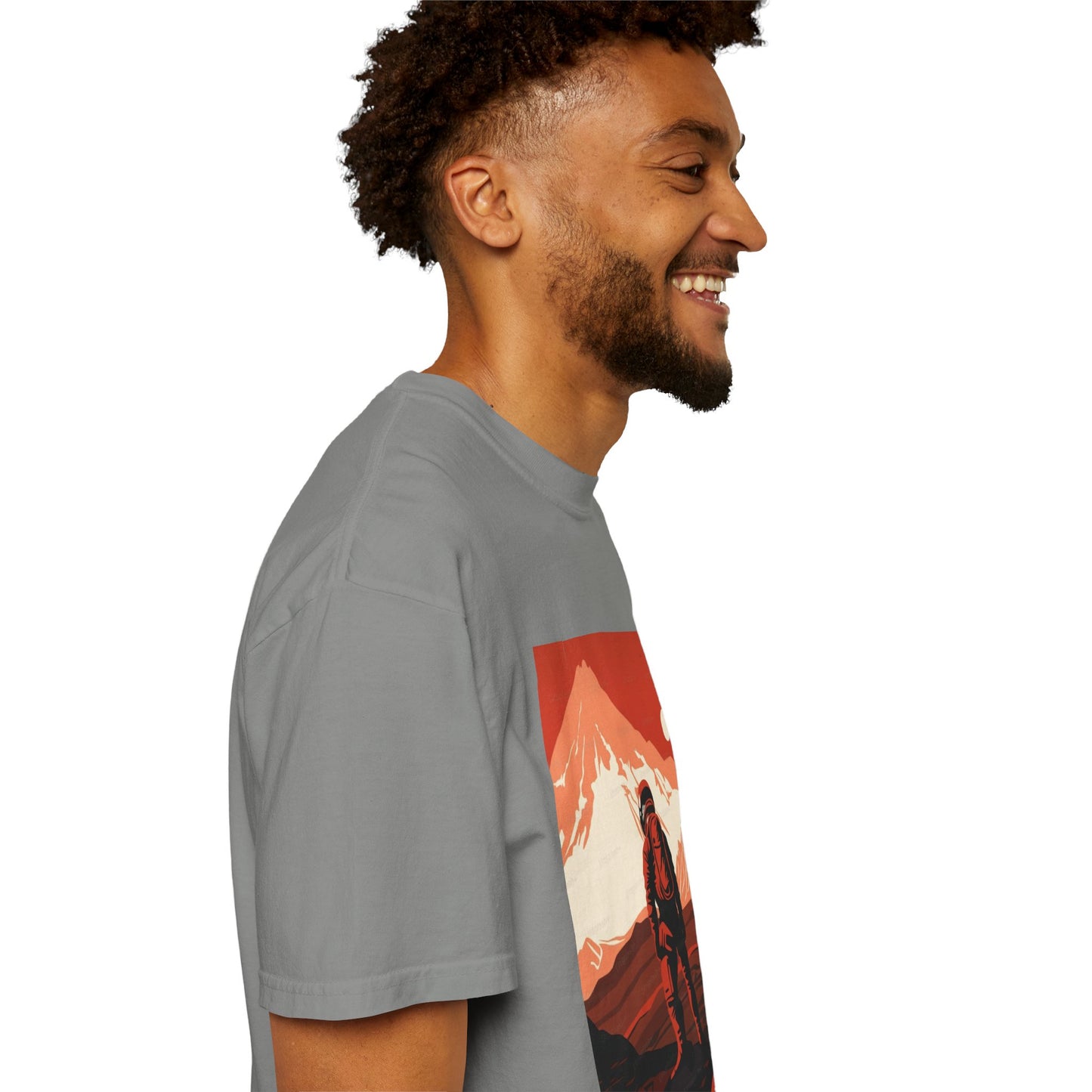 Close-up of the artistic graphic on the Man On Mars Graphic T-Shirt, showcasing its unique hand-drawn style.