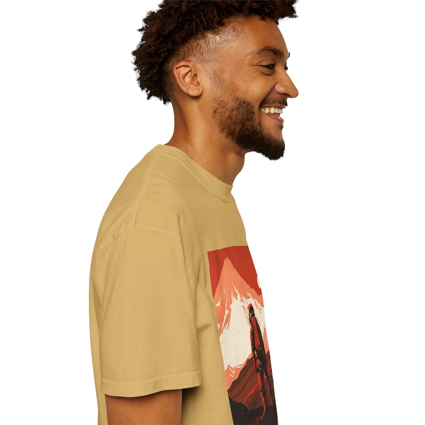 Man On Mars Graphic T-Shirt displayed on a model, showcasing its oversized unisex boho fit made from eco-friendly organic cotton.