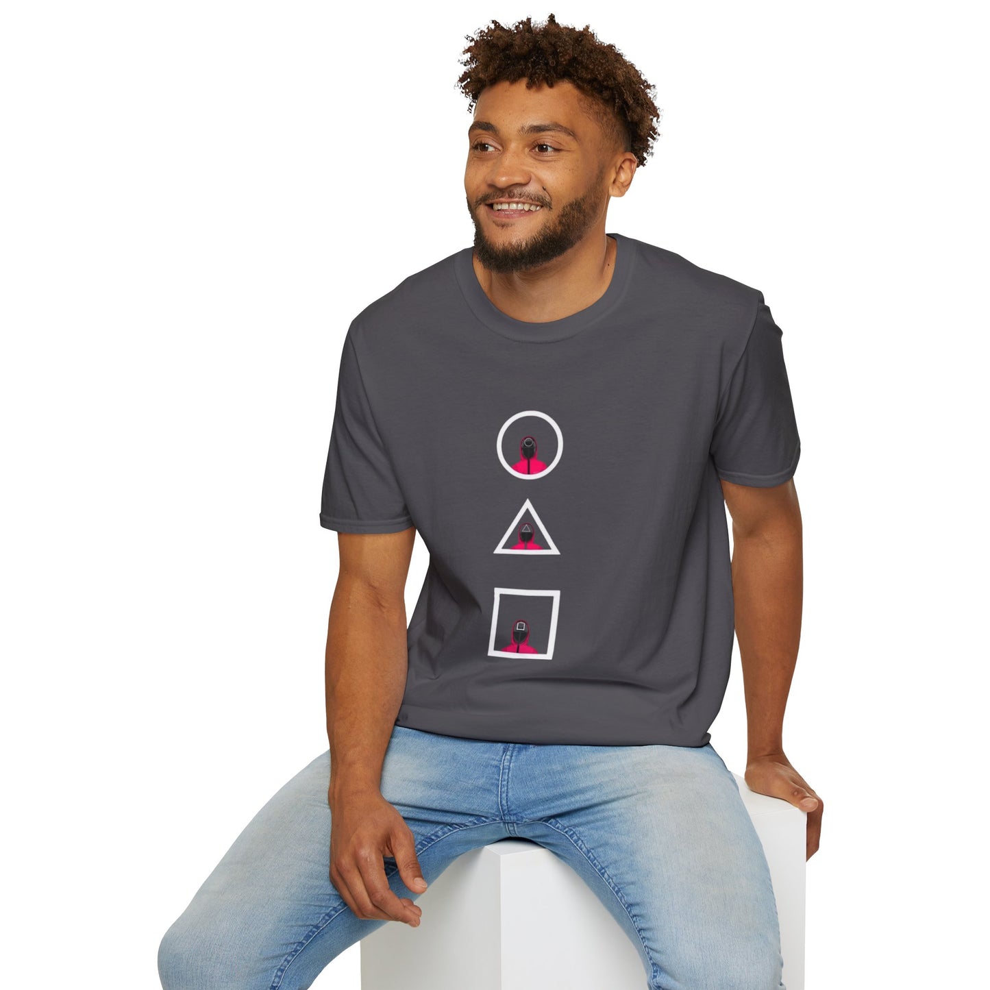 Unisex Softstyle T-Shirt - Eco-Friendly 100% Cotton Minimalist Graphic Tee worn by model in urban environment.