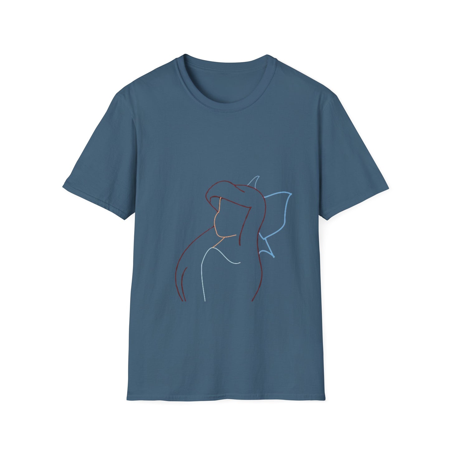 Close-up detail of the Unisex Minimalist Line Art T-Shirt with a vibrant print of an abstract female silhouette, emphasizing its sustainable and stylish design.