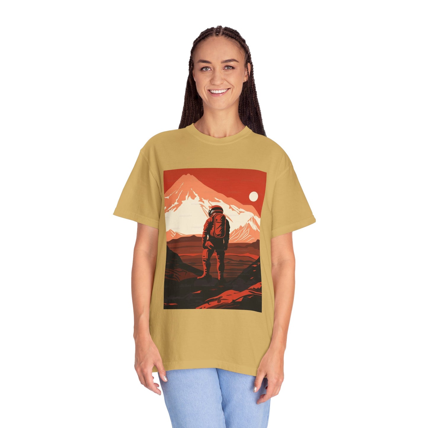 Close-up of the Man On Mars Graphic T-Shirt showcasing unique hand-drawn graphics and breathable fabric.