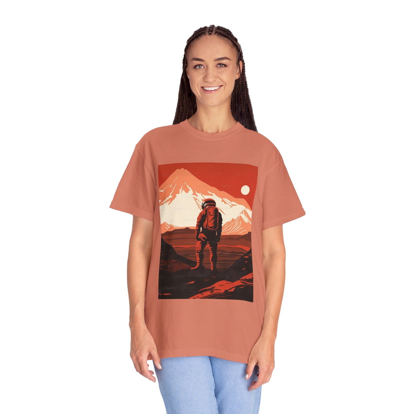 Close-up of the unique hand-drawn graphics on the Man On Mars Graphic T-Shirt, showcasing its artistic design perfect for expressing individuality.