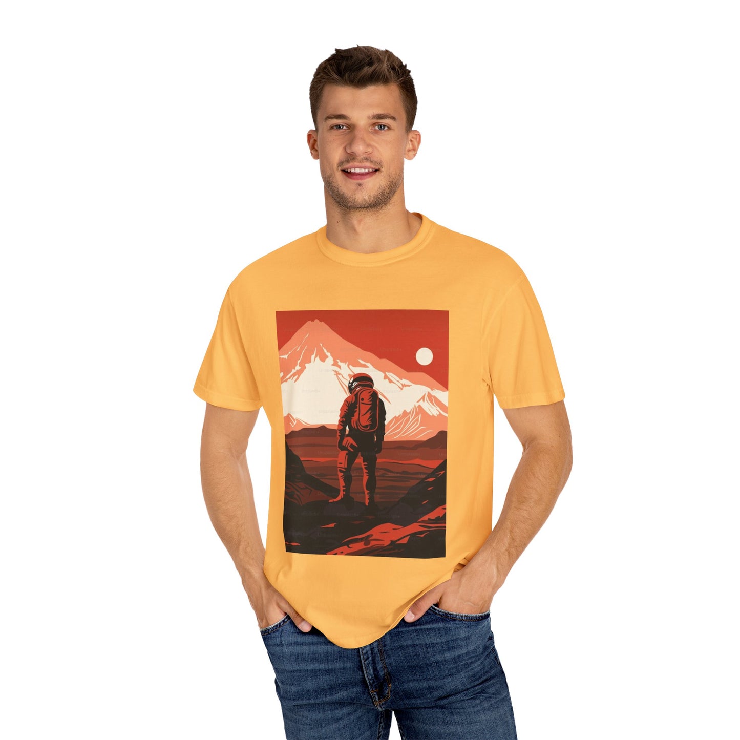 Oversized unisex Man On Mars Graphic T-Shirt made from eco-friendly organic cotton, ideal for casual and boho styles.