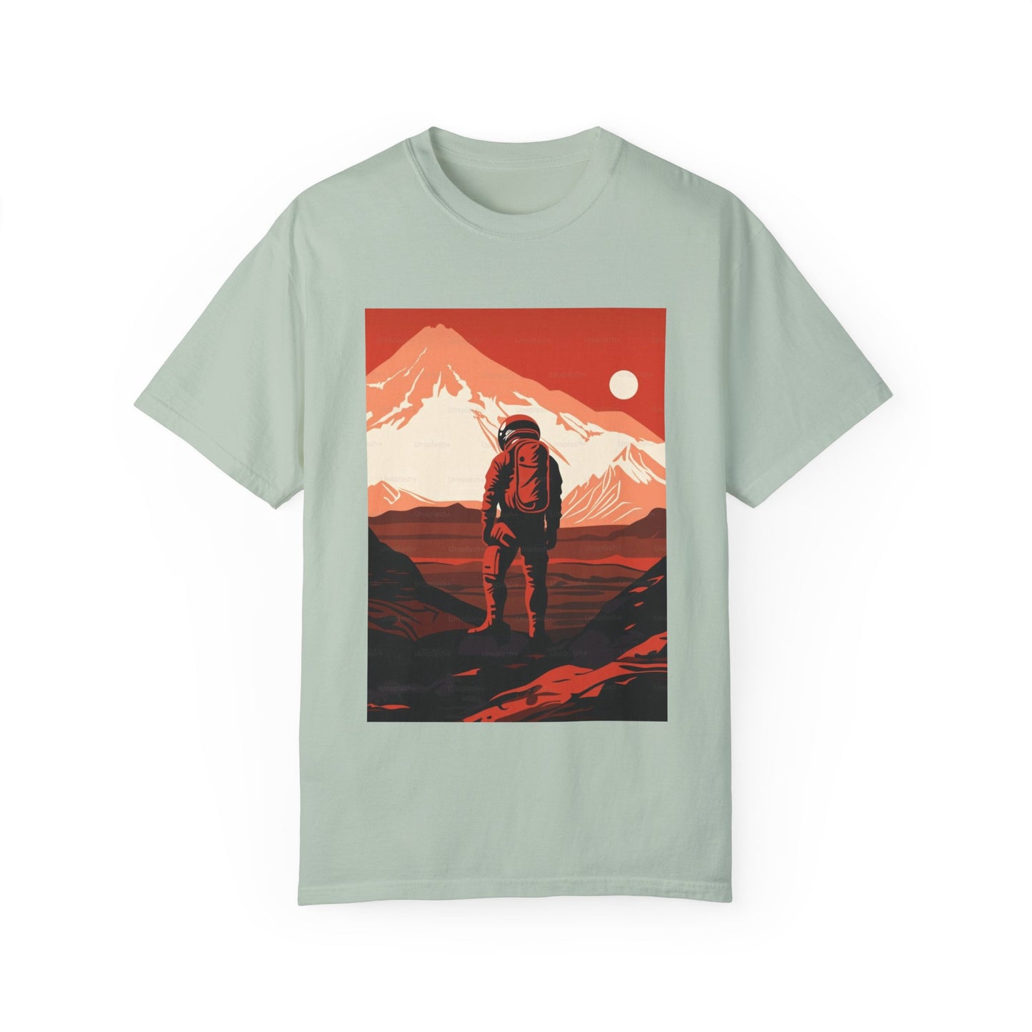 Detail view of the unique graphic design on the Man On Mars Graphic T-Shirt, illustrating artistic prints perfect for festival vibes.