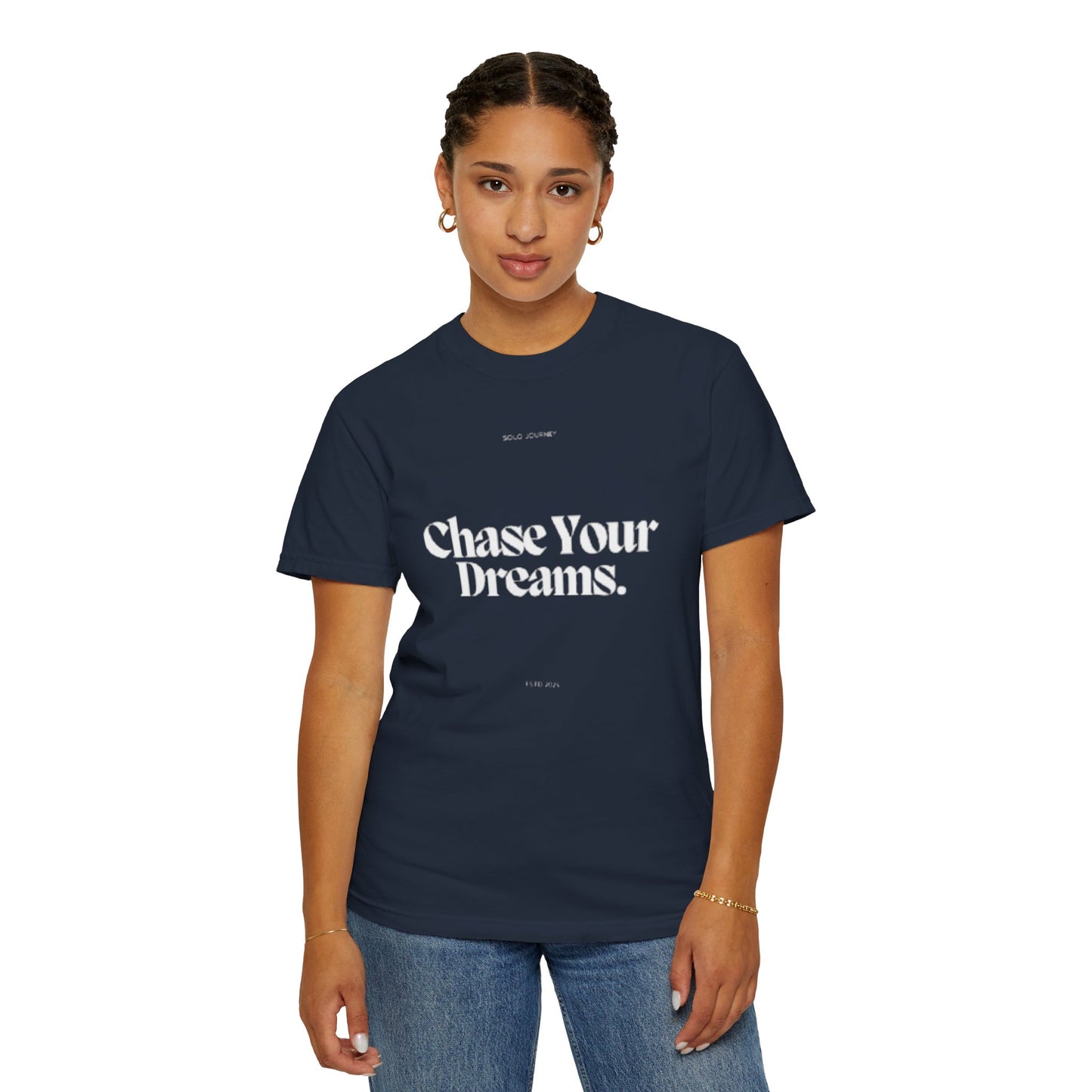 Flat lay of the Chase Your Dreams Vintage Aesthetic Pullover - Eco-Friendly Oversized Boho T-Shirt paired with jeans and accessories.