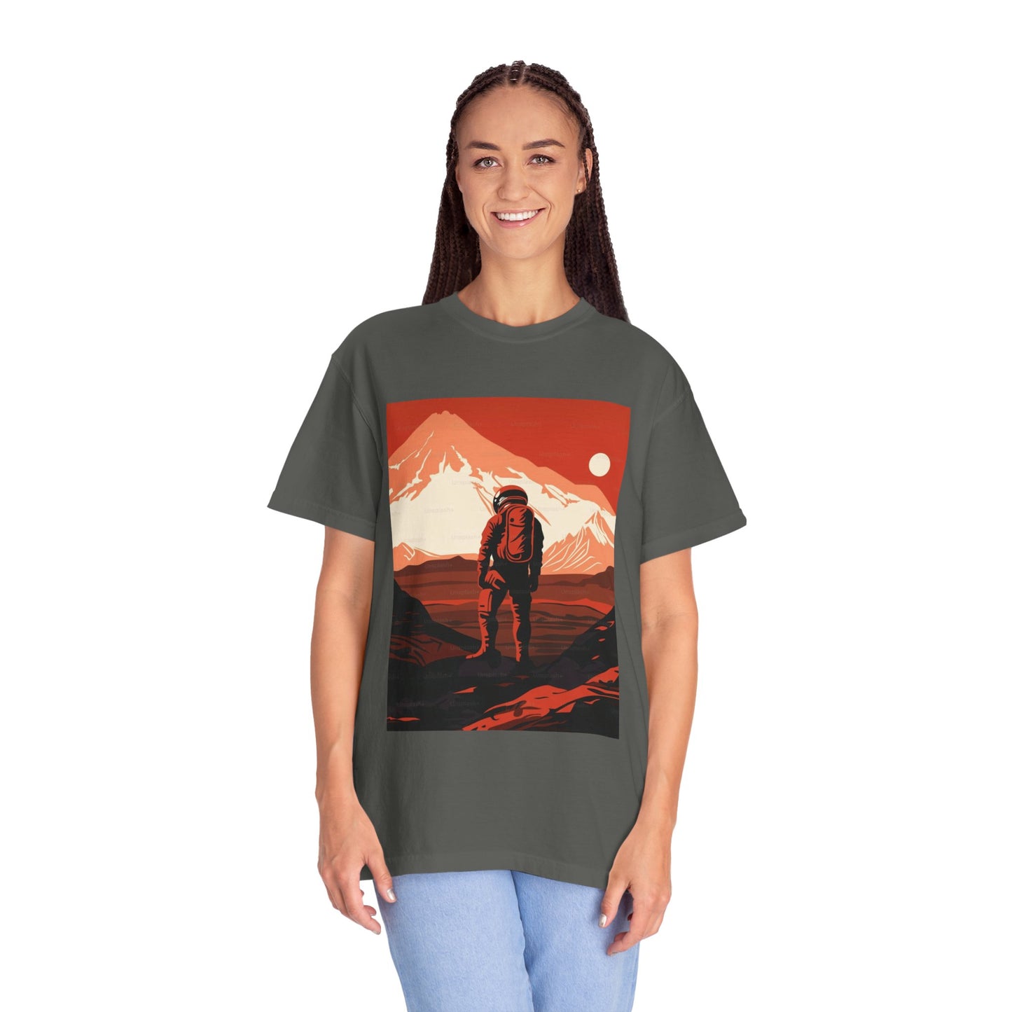 Group of friends wearing the Man On Mars Graphic T-Shirt while enjoying coffee outdoors, showing the relaxed fit and comfort of this stylish tee.