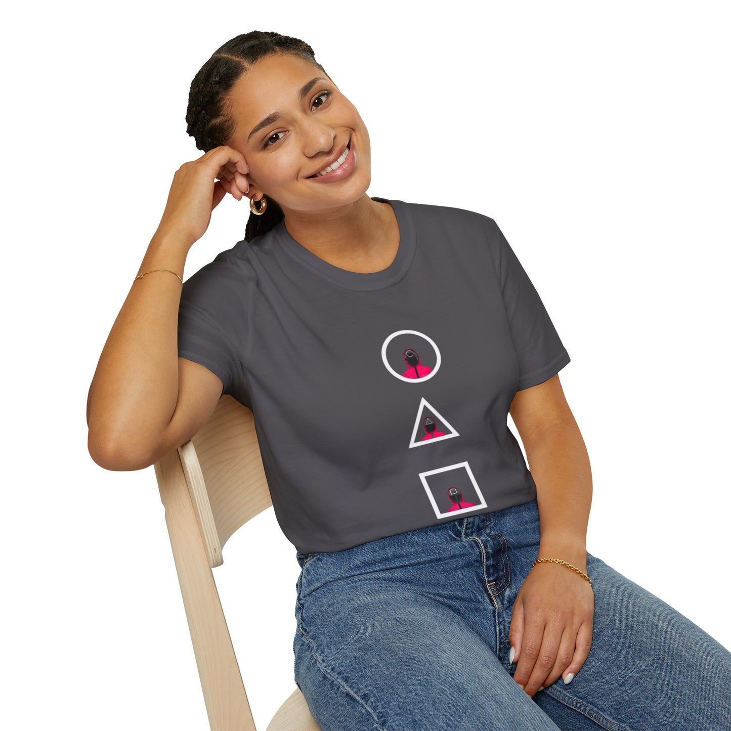 Unisex Softstyle T-Shirt - Eco-Friendly 100% Cotton Minimalist Graphic Tee showcased with casual jeans in a natural setting.