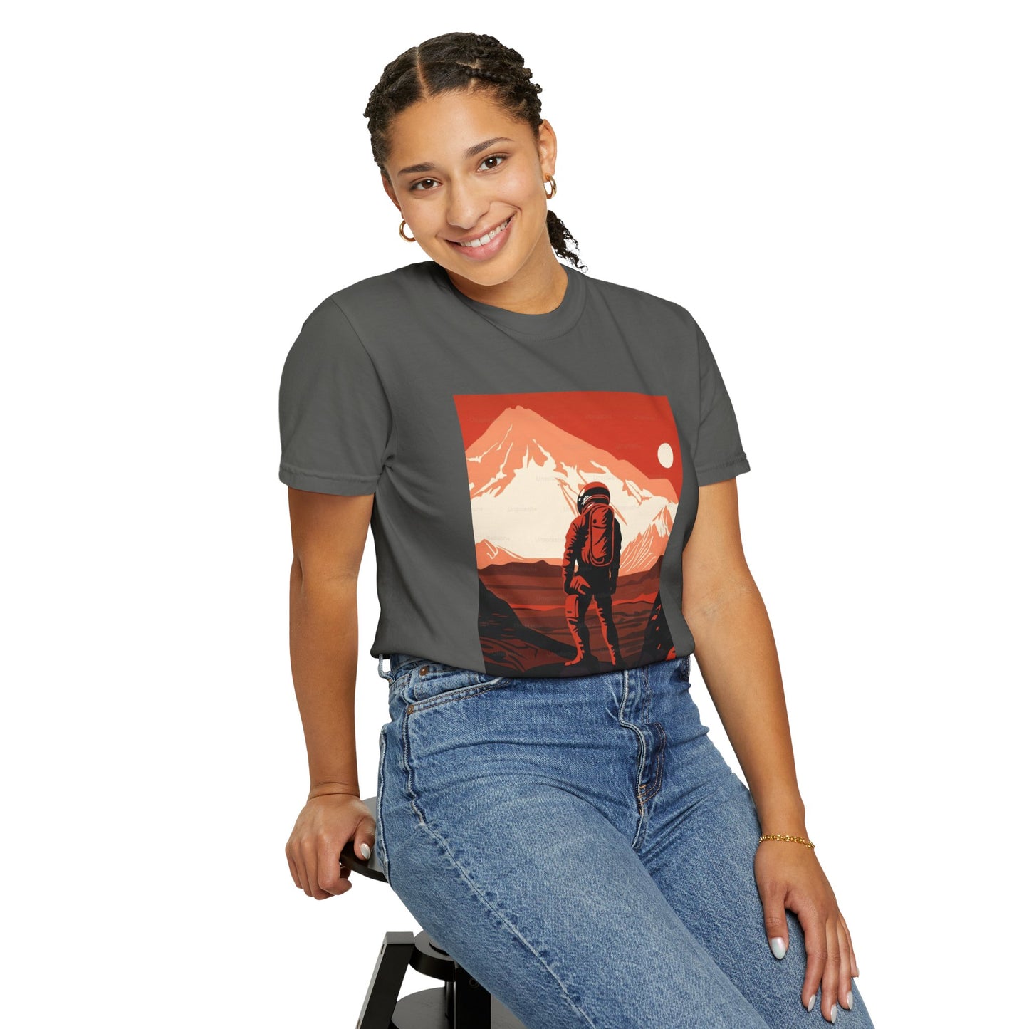 Close-up of the Man On Mars Graphic T-Shirt's artistic print, emphasizing the bold design and eco-friendly non-toxic dyes used.