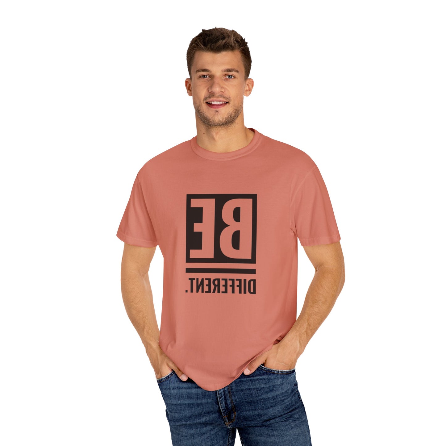 Be Different Art Graphic Oversized Boho T-Shirt displayed flat, showcasing its durable printed graphics and eco-friendly design.