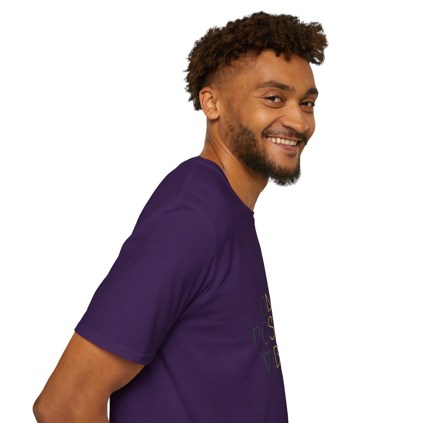 Man wearing Positive Vibes Unisex Softstyle T-Shirt, styled with jeans, demonstrating its versatility for everyday wear.