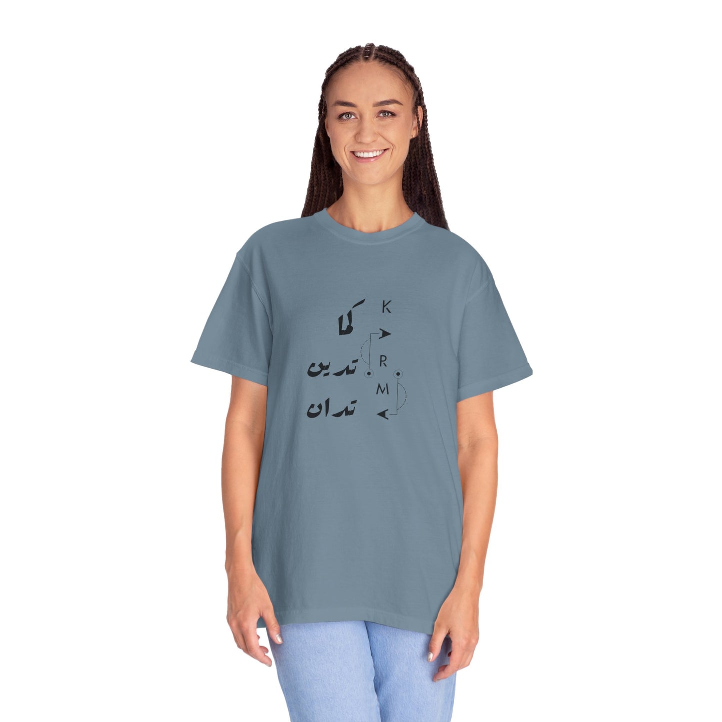 Karma Has Its Ways - Vintage Aesthetic Oversized Boho Pullover Tee in Organic Cotton draped over a chair, emphasizing its breathable fabric and casual vibe.