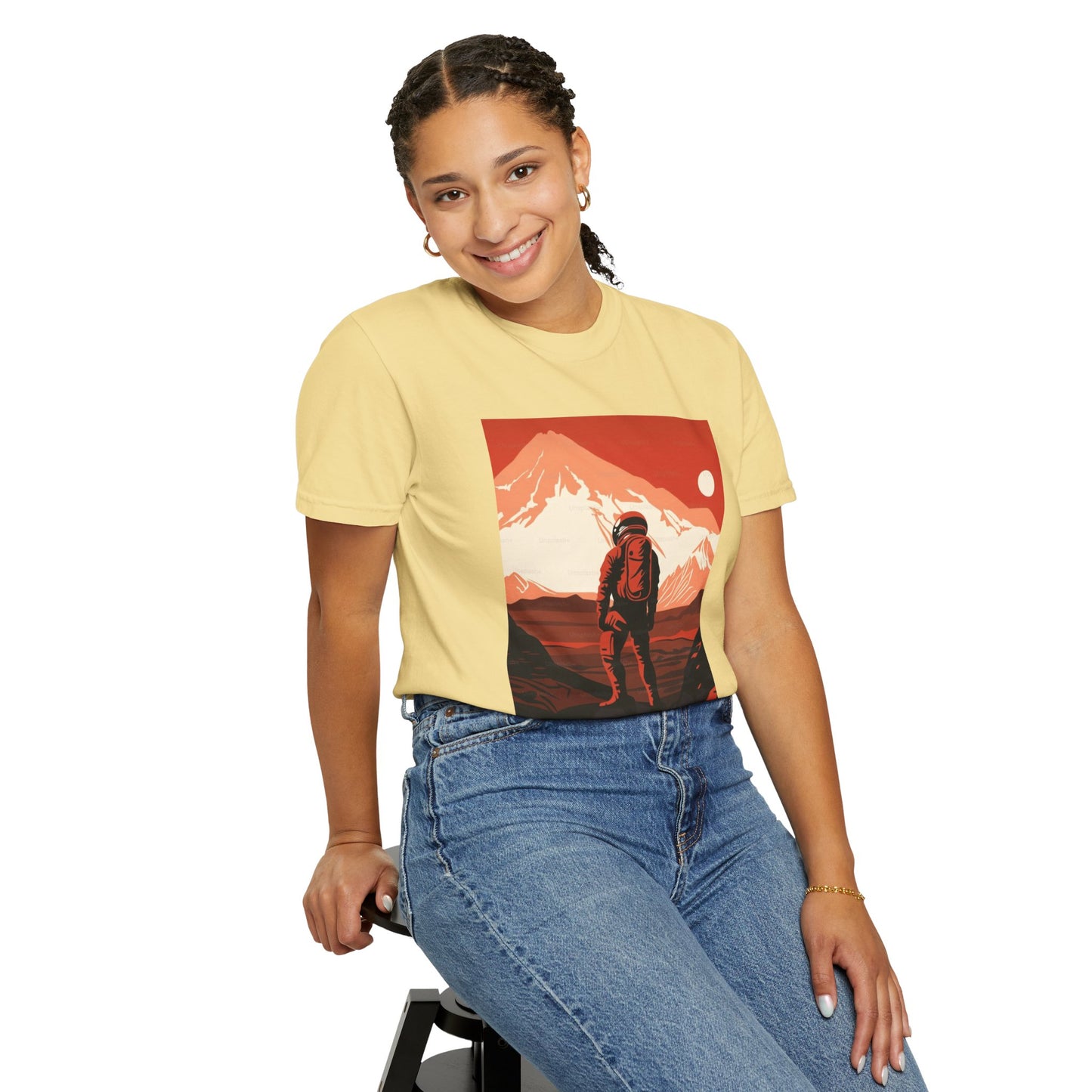Back view of the Man On Mars Graphic T-Shirt - Eco-Friendly Organic Cotton, Oversized Unisex Boho Tee highlighting its relaxed fit.