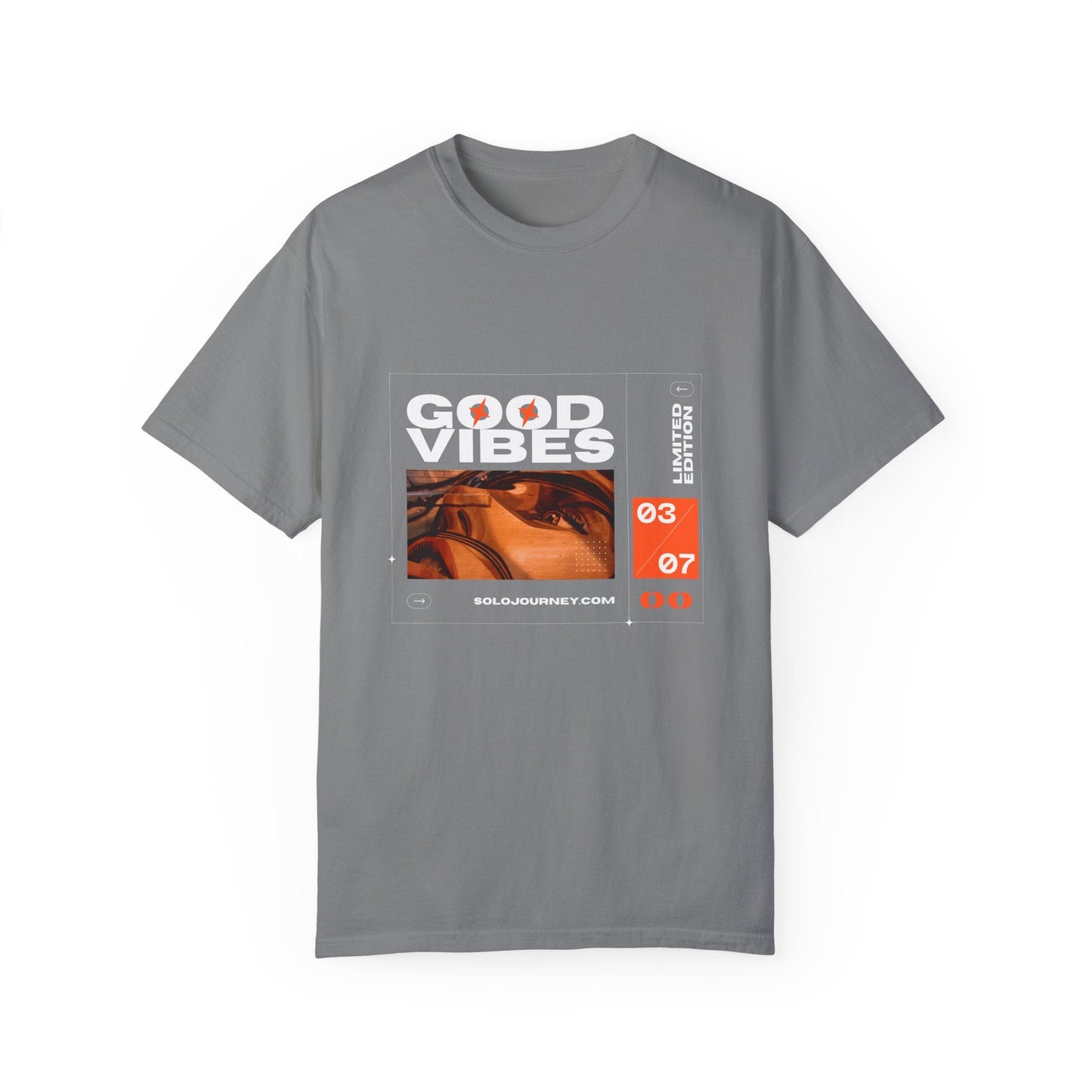 Back view of Good Vibes Graphic Design Vintage Boho Oversized T-Shirt in Organic Cotton, highlighting the breathable fabric and casual aesthetic.