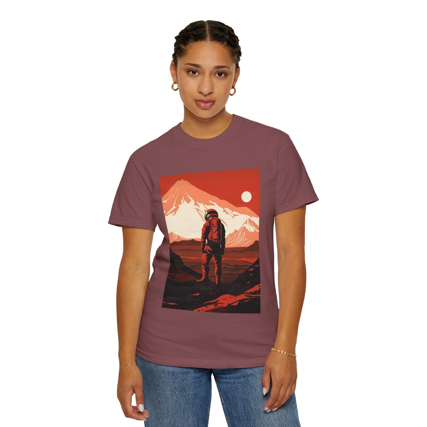 Close-up of the Man On Mars Graphic T-Shirt showcasing its oversized fit and soft organic cotton fabric for ultimate comfort.
