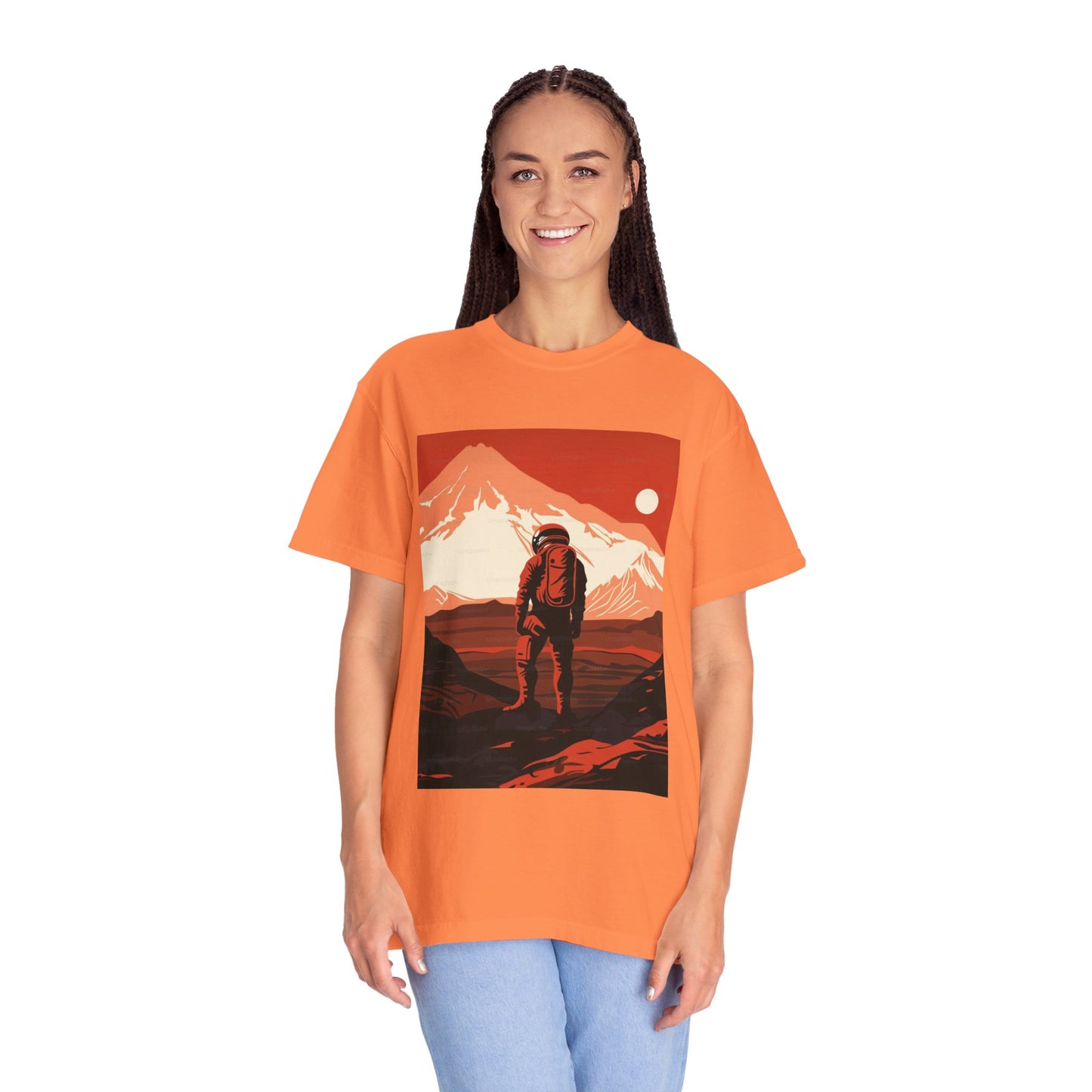Model wearing the Man On Mars Graphic T-Shirt - Eco-Friendly Organic Cotton, styled with accessories for a trendy casual look.