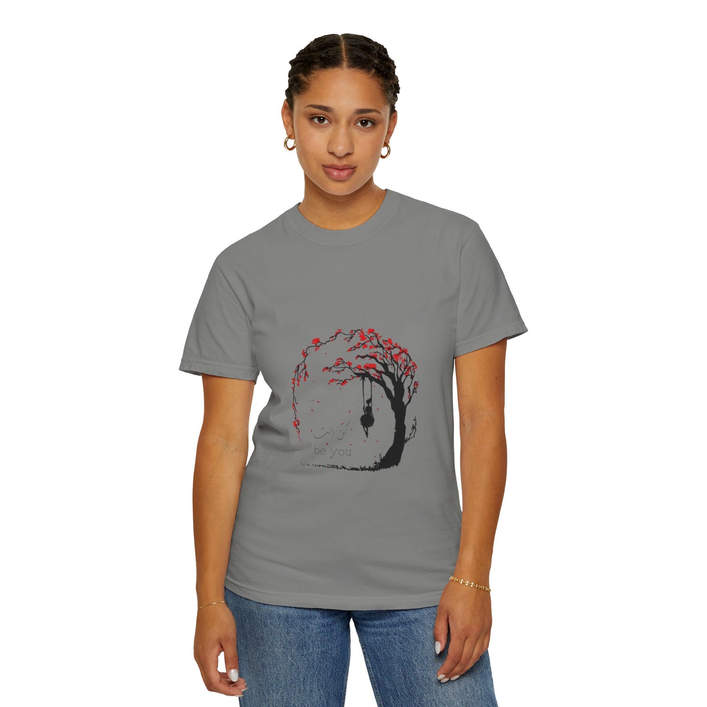 Cherry Blossom Unisex T-Shirt - showcasing the unique graphic design on 100% organic cotton for a sustainable fashion choice.
