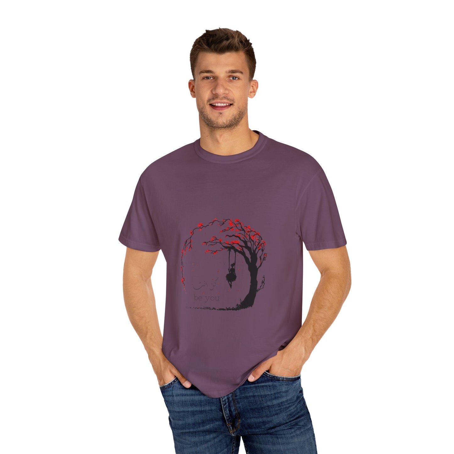 Close-up of the Cherry Blossom graphic on the Unisex T-Shirt, emphasizing its artistic design and ethical fashion appeal.