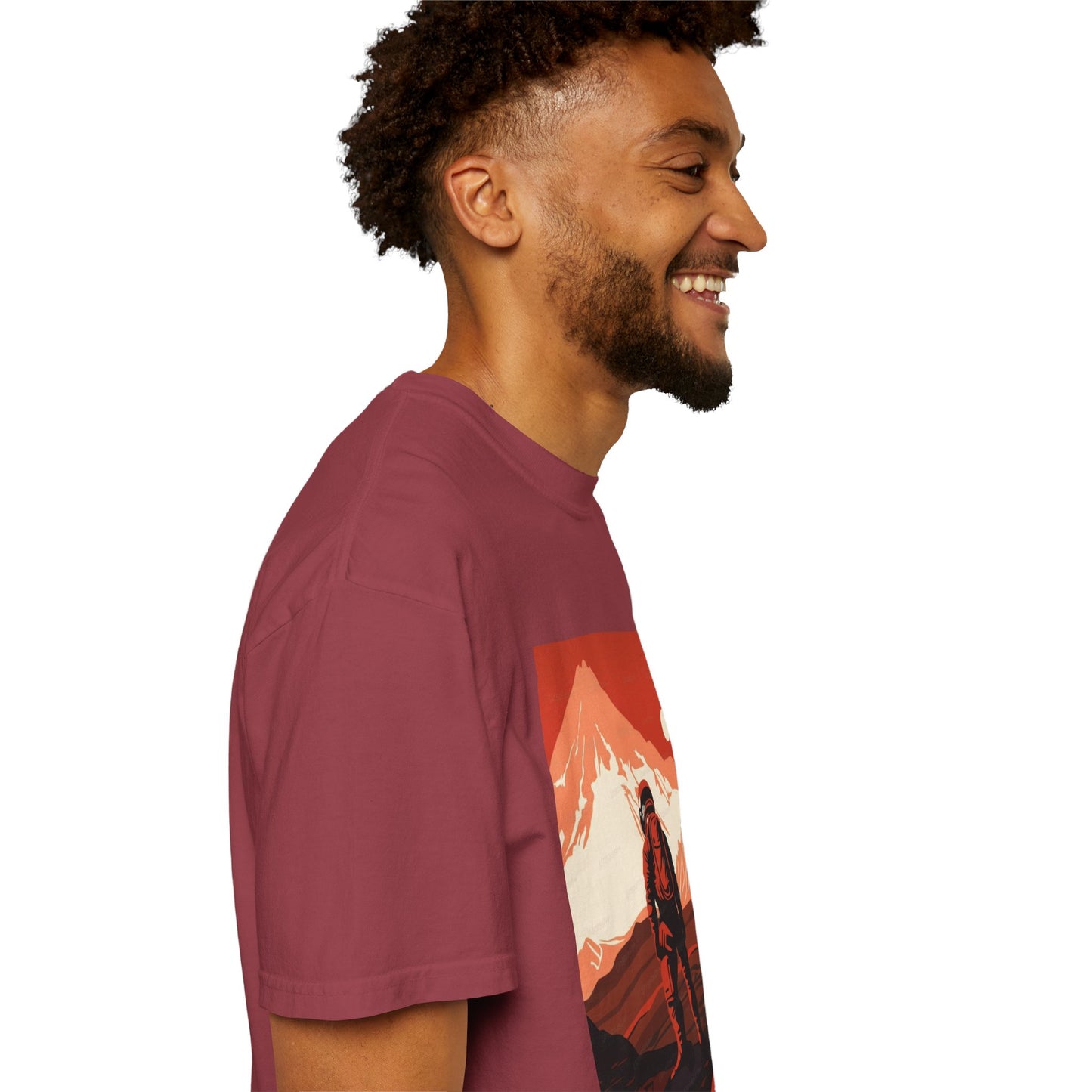 Man On Mars Graphic T-Shirt - Eco-Friendly Organic Cotton, Oversized Unisex Boho Tee showcasing its unique hand-drawn graphic design.
