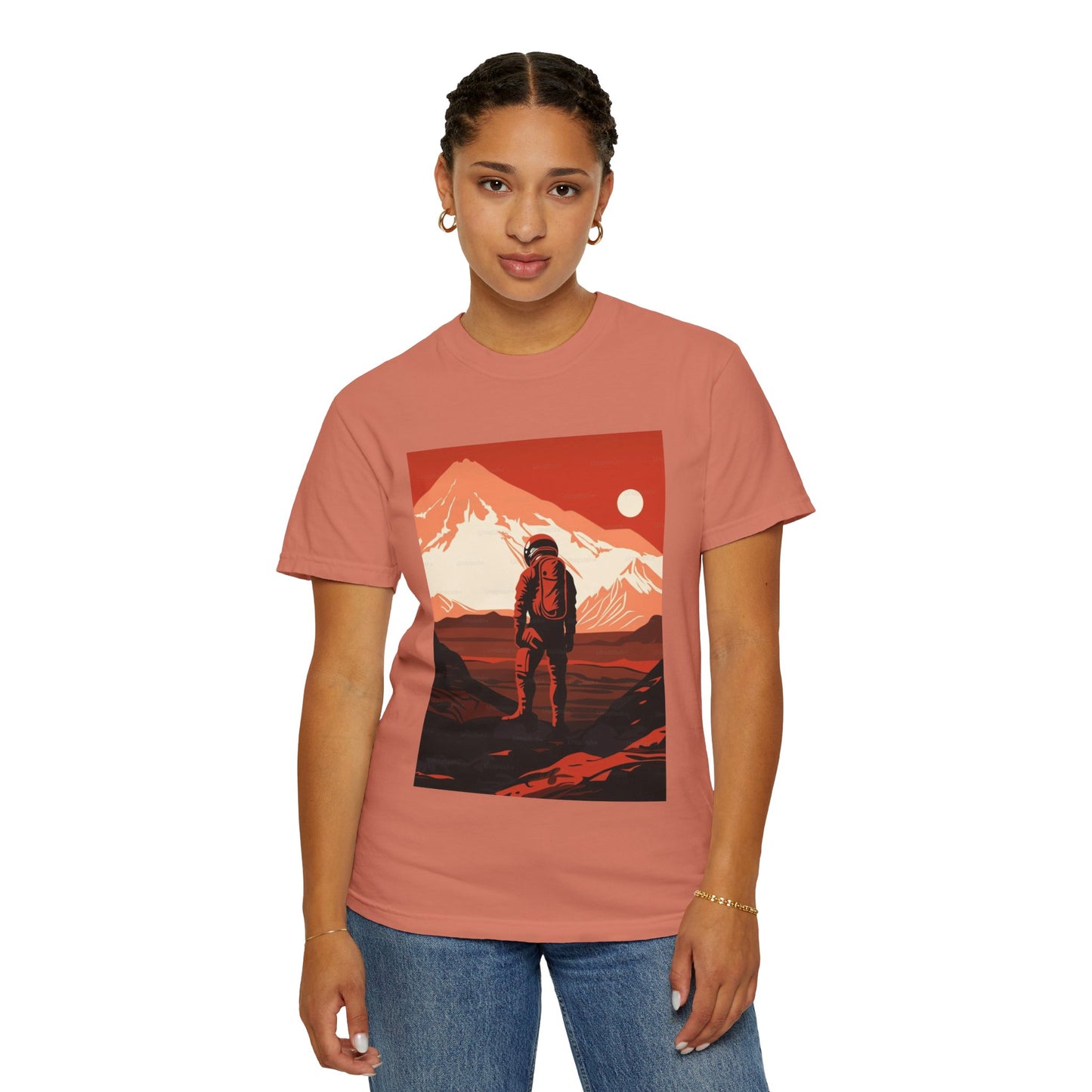 A model wearing the Man On Mars Graphic T-Shirt, styled casually for a day out, emphasizing its relaxed fit and sustainable fashion.